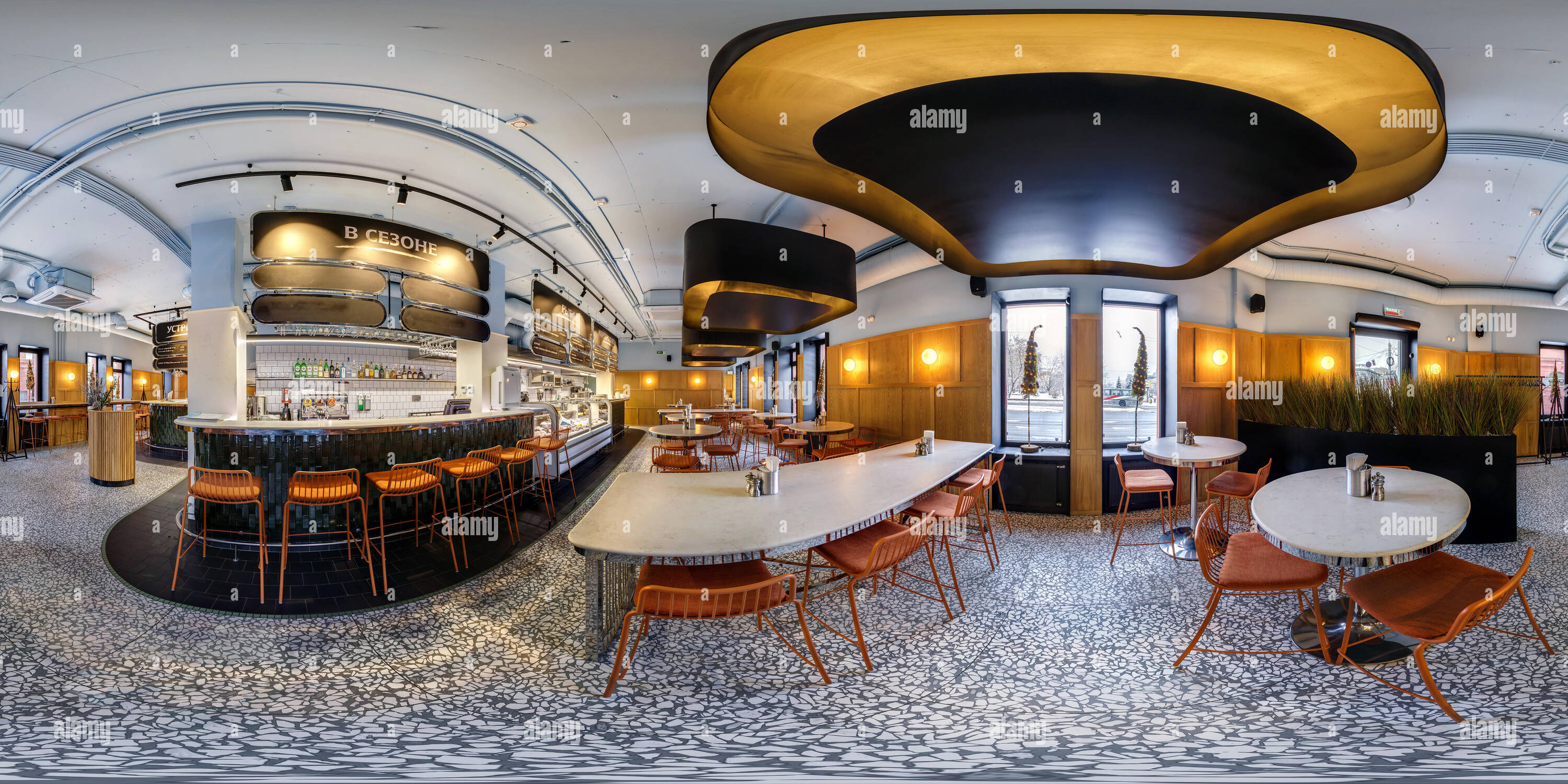 360 degree panoramic view of MINSK, BELARUS - MARCH, 2019: Full spherical seamless hdri panorama 360 degrees angle view inside interior of shop restaurant with fresh fish in equir