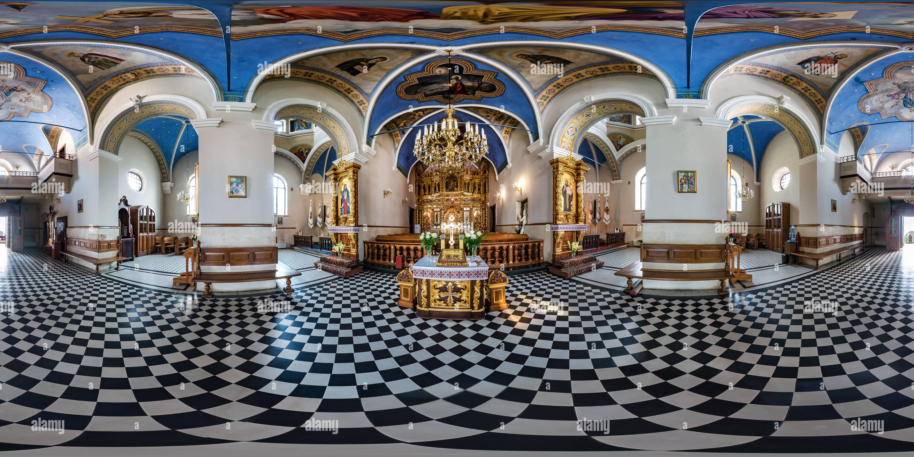 360 degree panoramic view of LVIV, UKRAINE - AUGUST 2019: Full spherical seamless hdri panorama 360 degrees inside interior of old church and onuphrius monastery in equirectangula