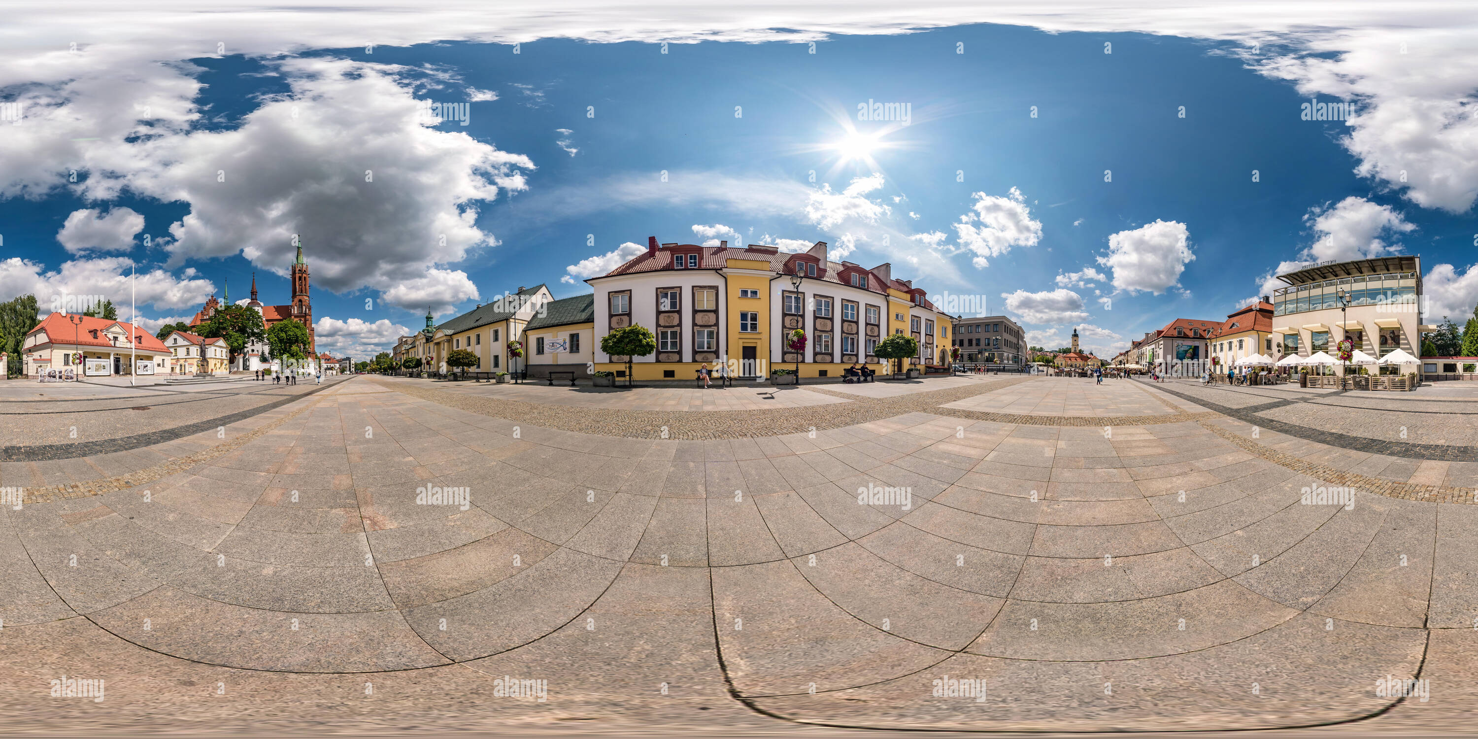 360 degree panoramic view of BYALYSTOK, POLAND - JULY, 2019: Full seamless spherical hdri panorama 360 degrees angle view in medieval pedestrian street place of old town in equire