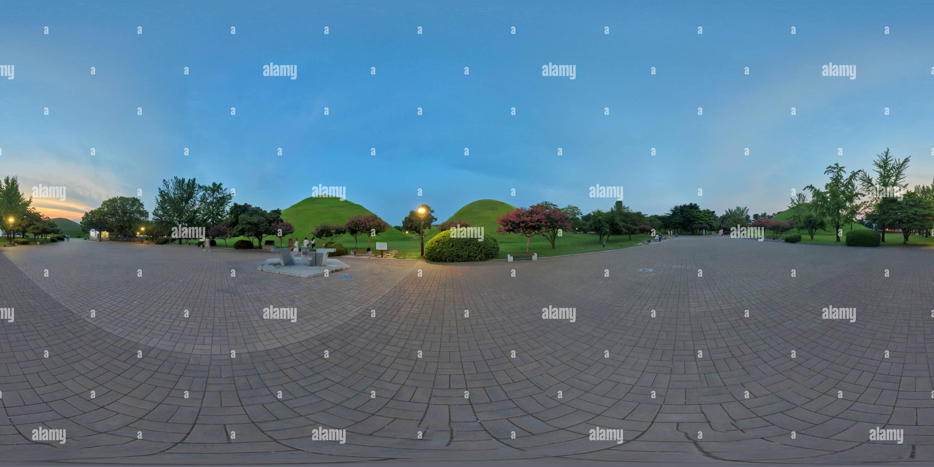 360 degree panoramic view of Gyeongju, South Korea 26 August 2019: Daereungwon Ancient Tomb Complex 360 Degrees Panoramic view. Large ancient tombs of kings and nobles of the Sill