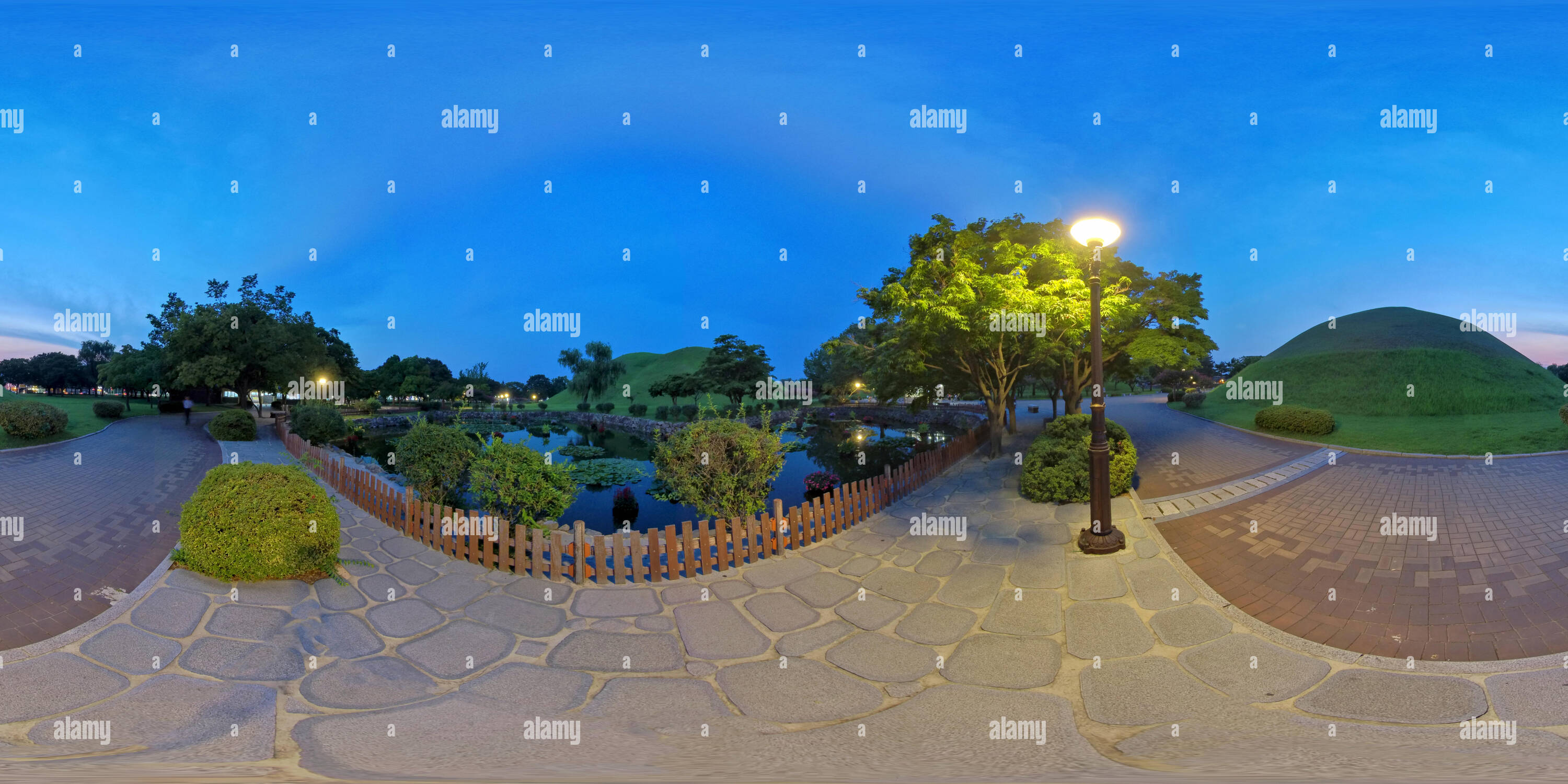 360 degree panoramic view of Gyeongju, South Korea 26 August 2019: Daereungwon Ancient Tomb Complex 360 Degrees Panoramic view. Large ancient tombs of kings and nobles of the Sill