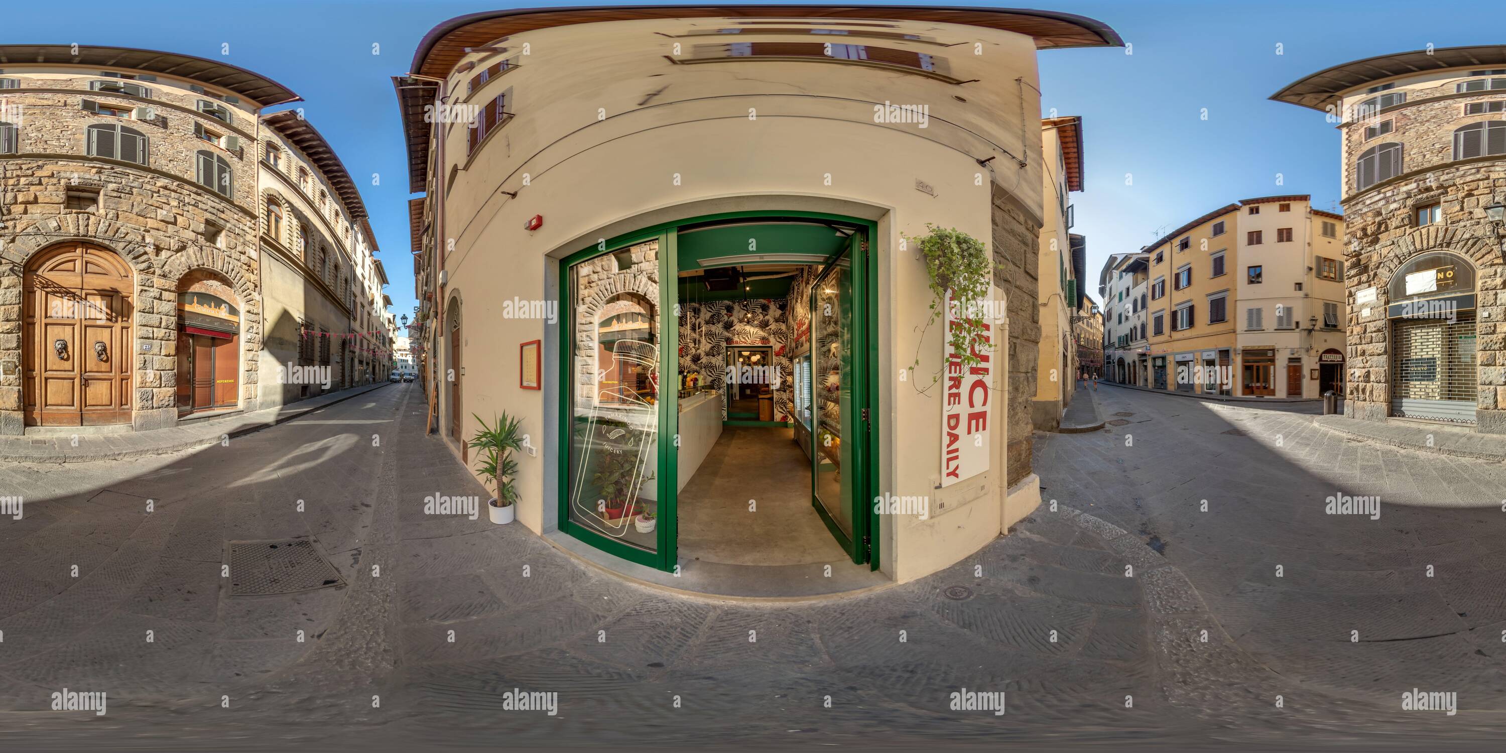 360 Grad Panorama Ansicht von Via de' Neri, Florenz, Italien. Eine der berühmtesten Straßen der Straße mit Straßennahrung in Florenz. Historische Straße mit vielen mittelalterlichen und Renaissance-Gebäuden.