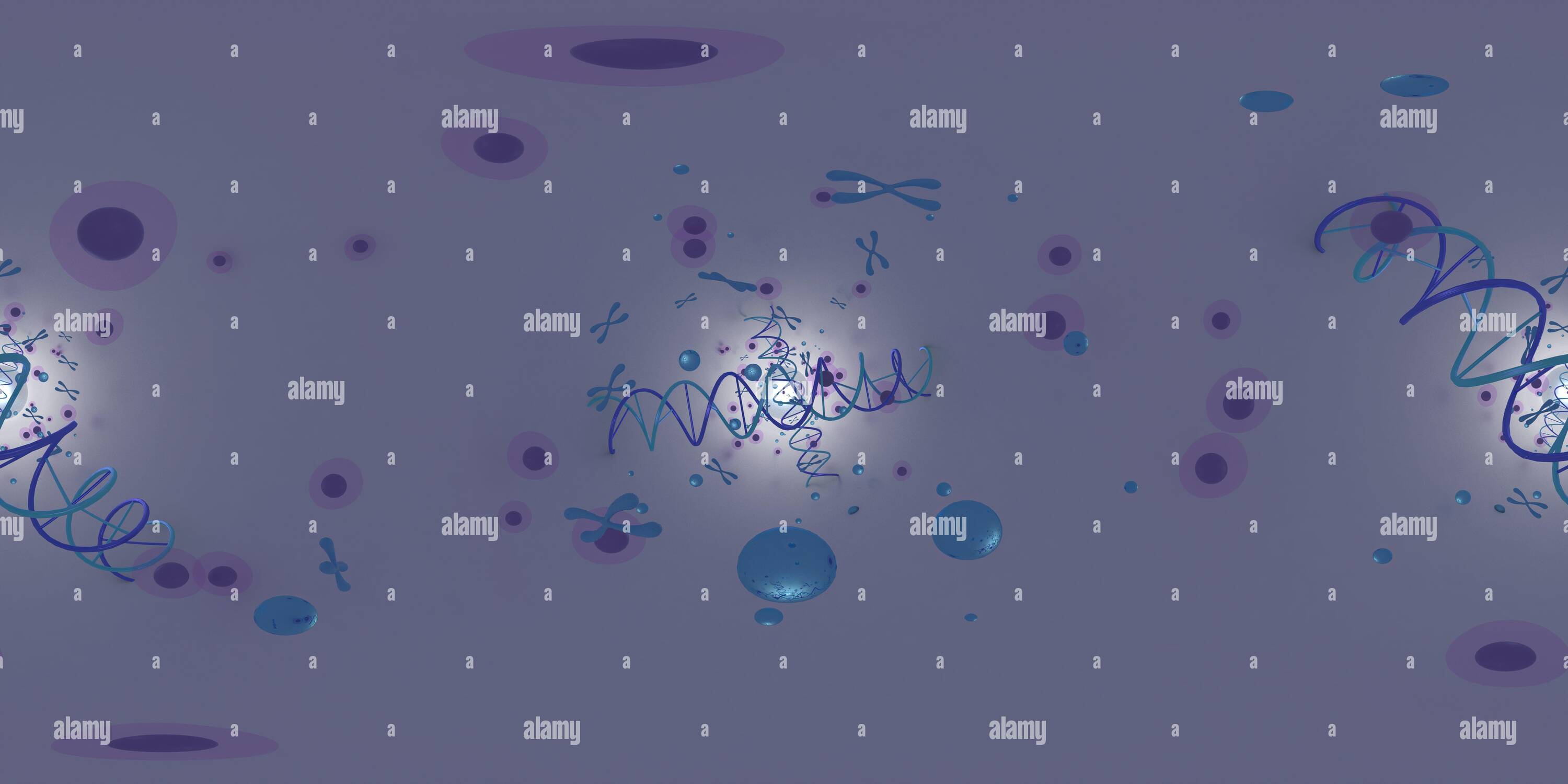 360 Grad Panorama Ansicht von 3D-Abbildung der DNA-Desoxyribonukleinsäurestruktur. Equirechteckiges 360 VR-Bild. Der medizinische Panorama-Hintergrund.