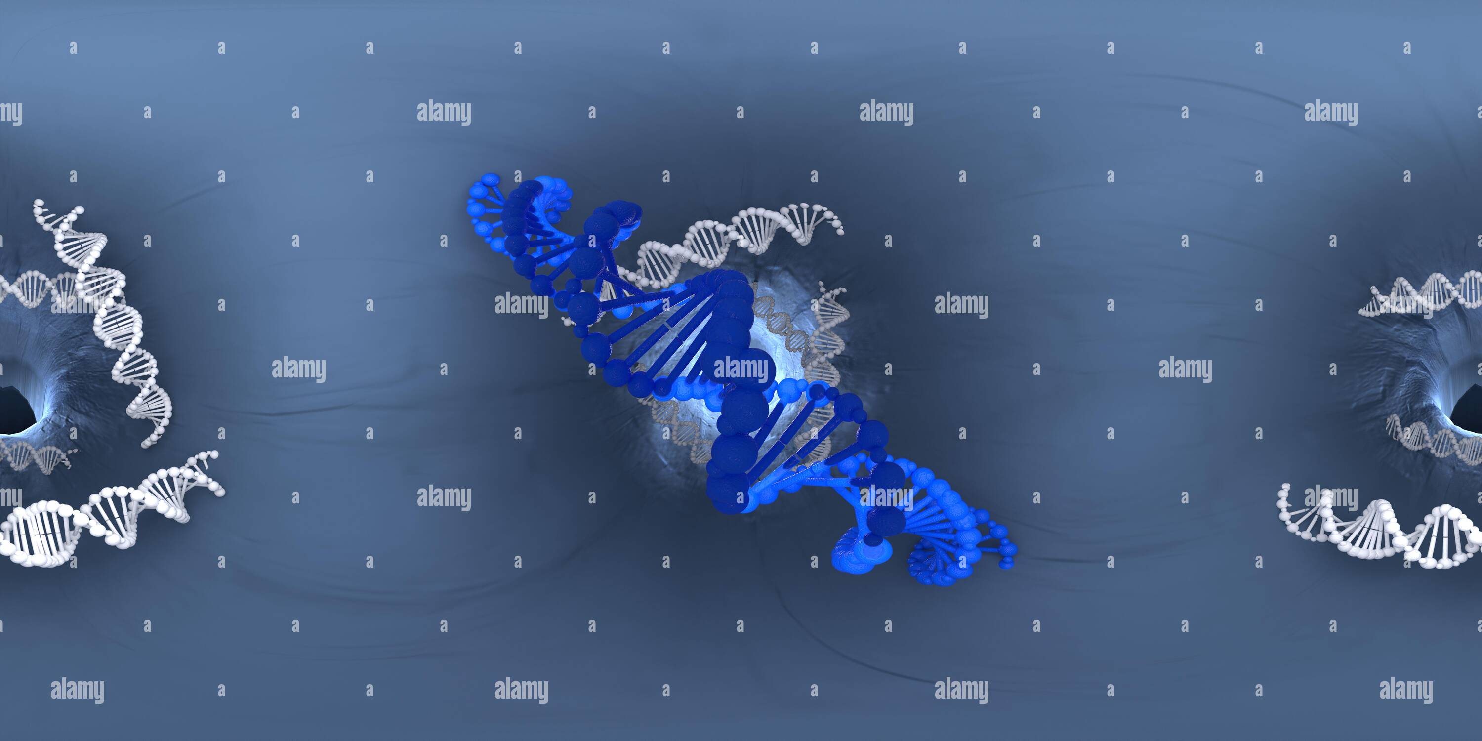 360 Grad Panorama Ansicht von 3D-Abbildung der DNA-Desoxyribonukleinsäurestruktur. Equirechteckiges 360 VR-Bild. Der medizinische Panorama-Hintergrund.