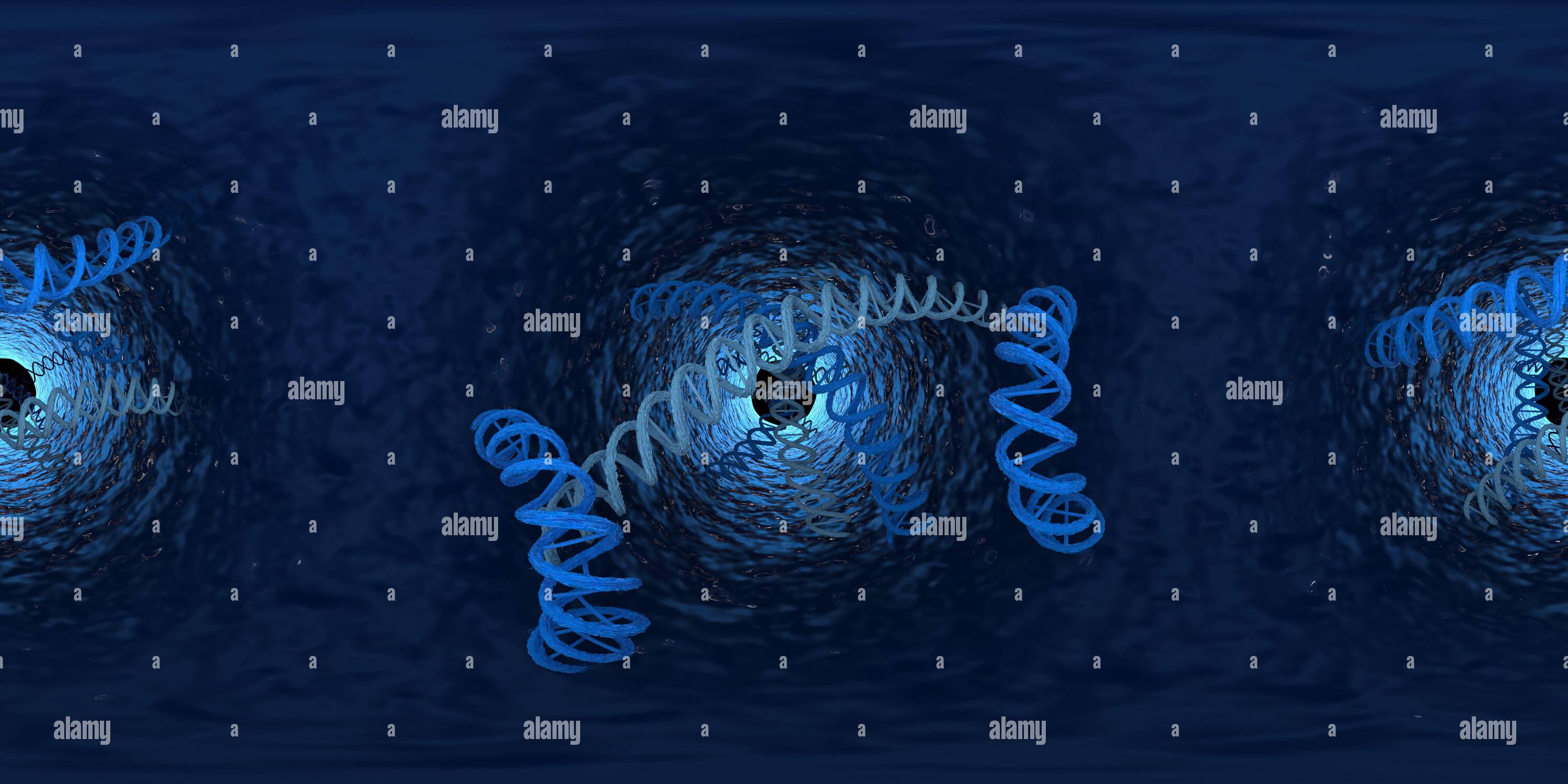 360 Grad Panorama Ansicht von 3D-Abbildung der DNA-Desoxyribonukleinsäurestruktur. Equirechteckiges 360 VR-Bild. Der medizinische Panorama-Hintergrund.