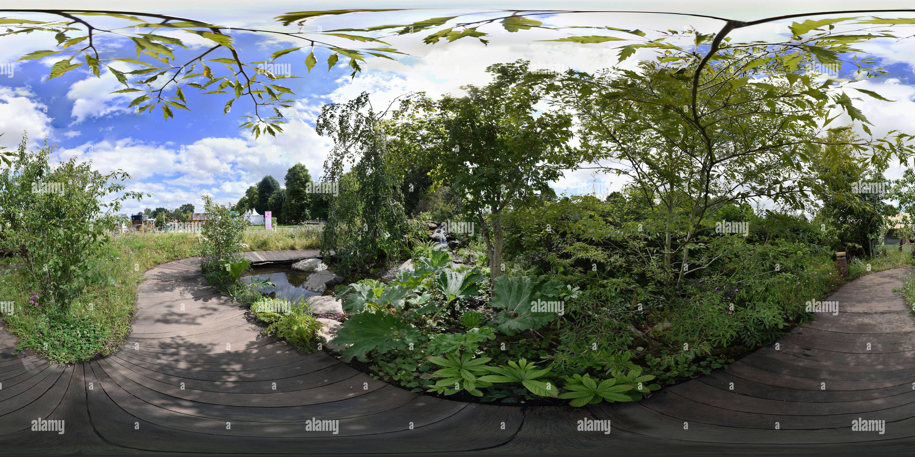 360 Grad Panorama Ansicht von Der RHS "Back to Nature" Garten, Co entworfen von der Herzogin von Cambridge auf dem Hampton Court Flower Festival 2019 BILD : MARK PAIN / ALAMY