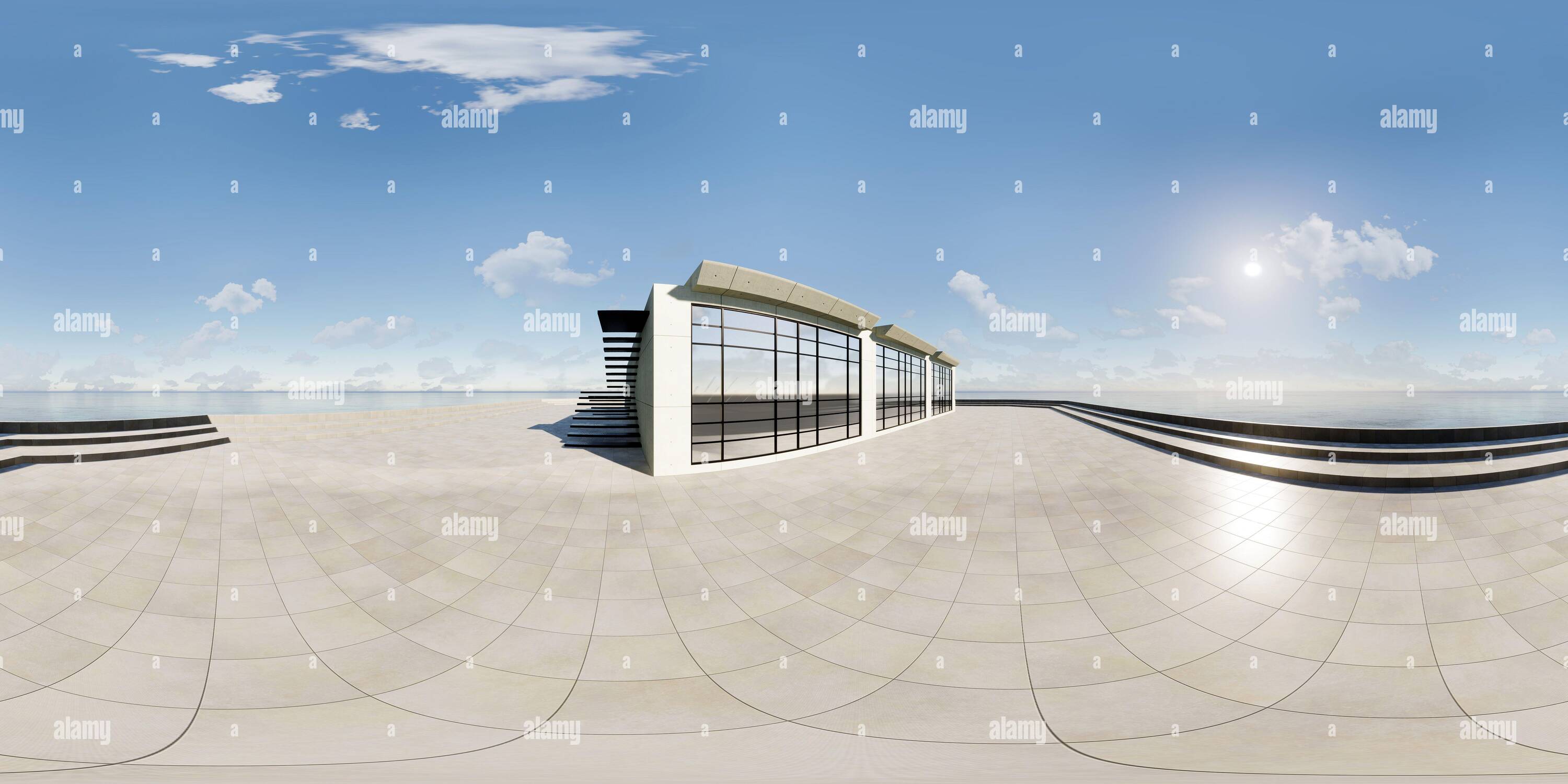 360 Grad Panorama Ansicht von Farbenfroher abstrakter 360-Grad-Panoramafenster: Geometrischer Zementbau. (Auto Backplate, 3D Rendering Computer digital generiert illustrati