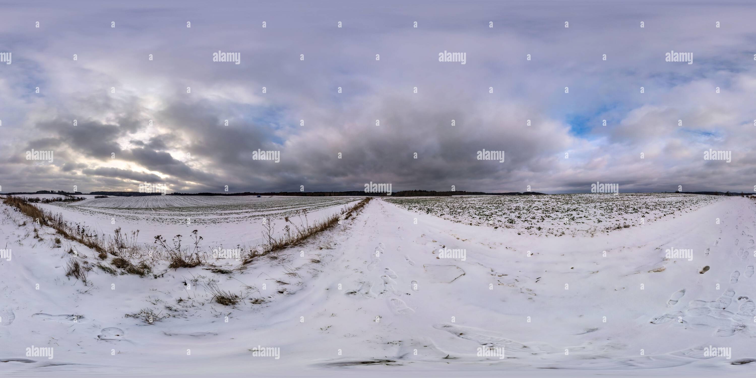360 Grad Panorama Ansicht von 360 nahtlose hdr-Panoramaansicht zwischen schneebedeckten Feldern im Winter mit Wolken am grauen, bewölkten Himmel in einer gleicheckigen, kugelförmigen Projektion, ready AR VR Virtual