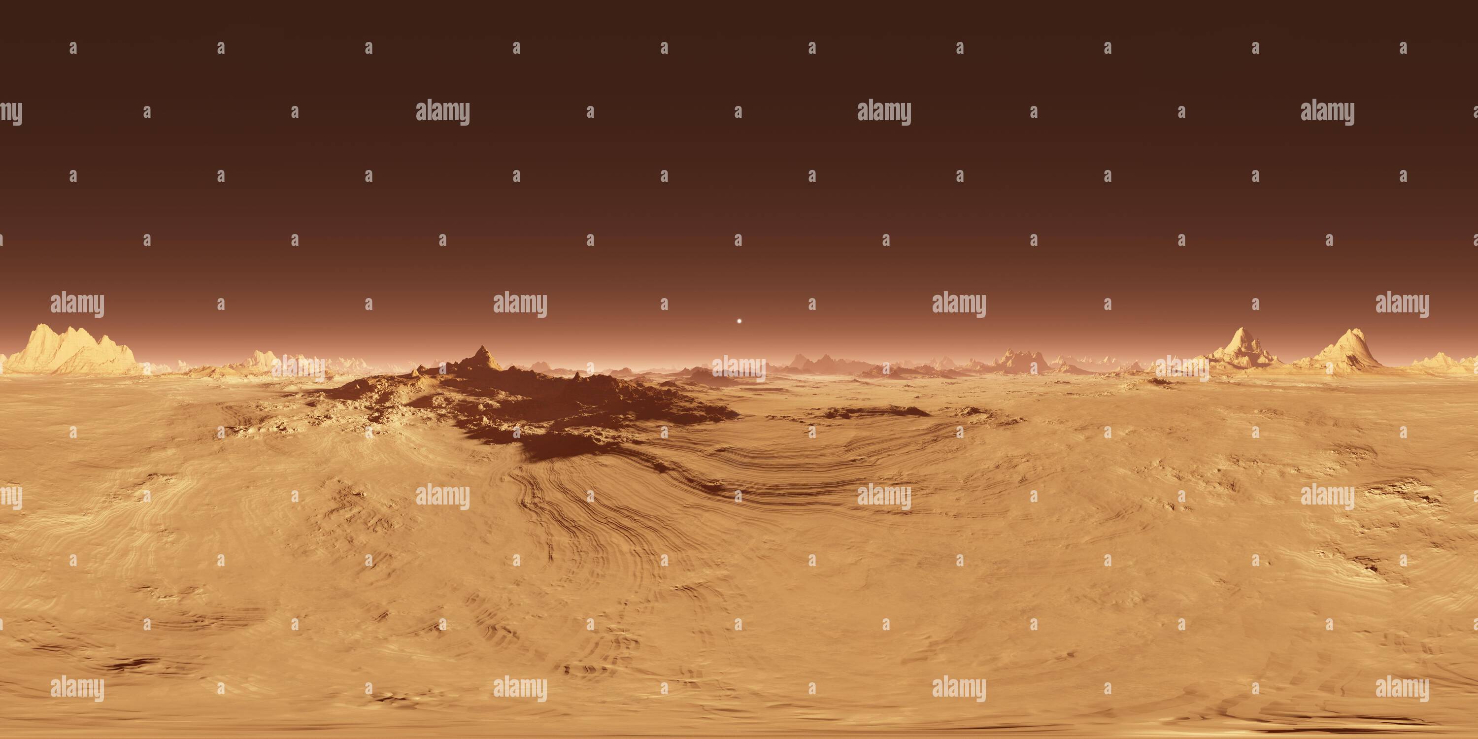 360 Grad Panorama Ansicht von 360 rechteckige Projektion des Mars-Sonnenuntergangs. Marslandschaft, HDRI-Umgebungskarte. Sphärisches Panorama. 3D Abbildung