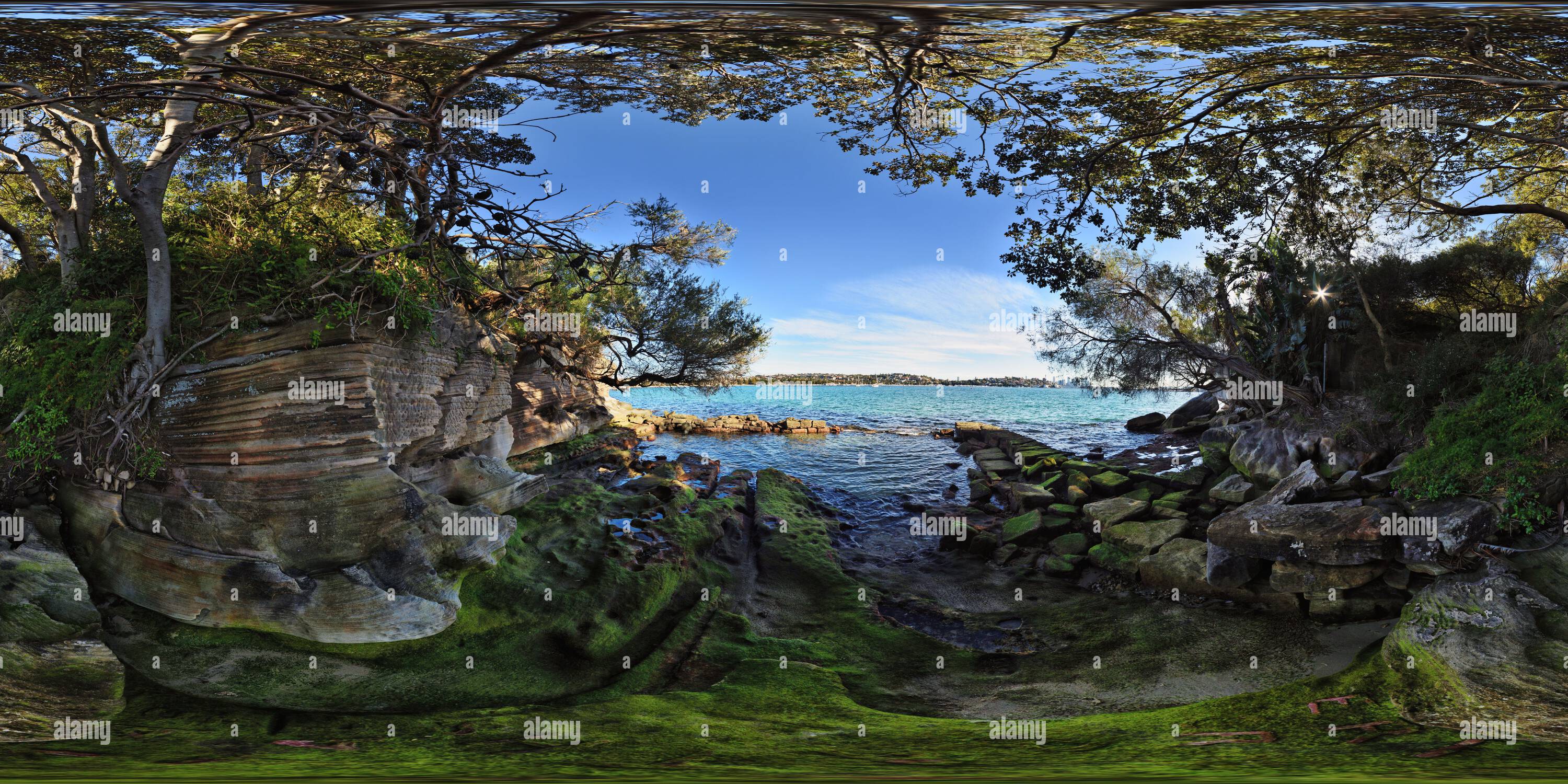 360 Grad Panorama Ansicht von Erikas Crystal Baths, Hafenbecken am Hermitage Foreshore Walk, Rose Bay, Sydney, New South Wales, Australien