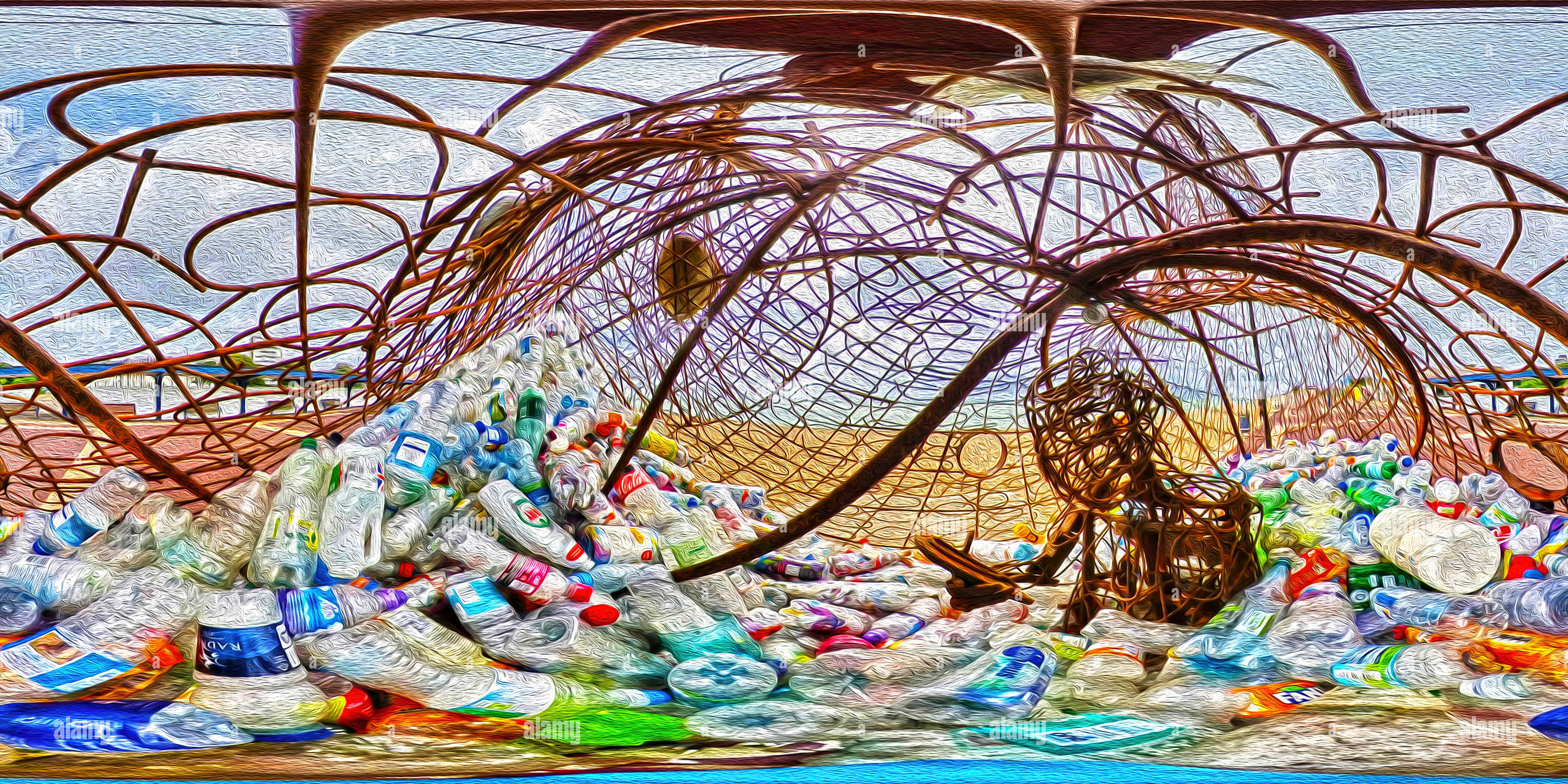 360 Grad Panorama Ansicht von Im Inneren einer Skulptur mit einer Figur am Telefon, die Plastikabfälle hervorhebt, die an Stränden angespült werden. Skulptur auf der Southsea Promenade, Hampshire, Großbritannien.