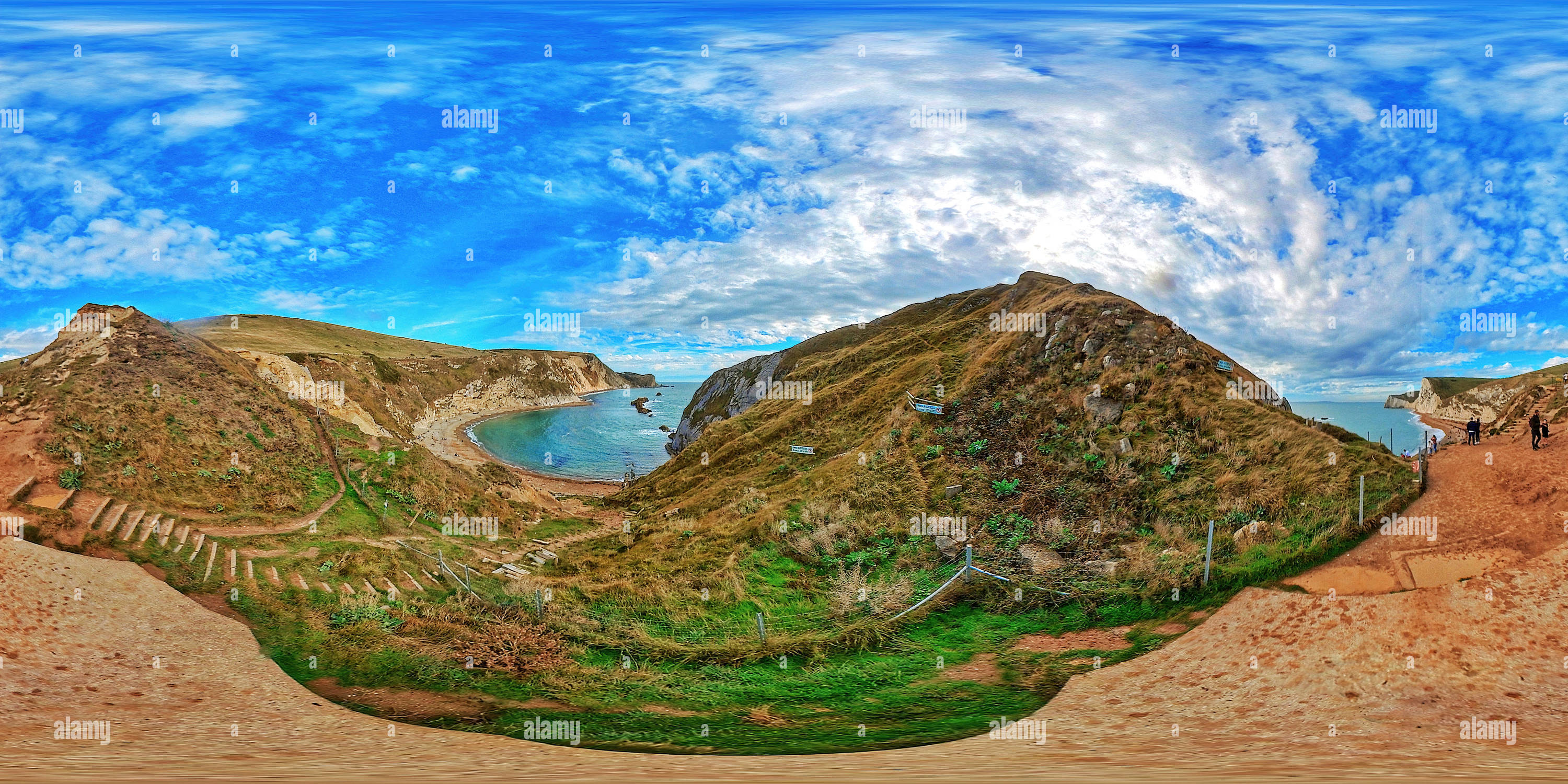 360 Grad Panorama Ansicht von Man o' war Cove und Durdle Door im Oktober 2022, Dorset, Großbritannien