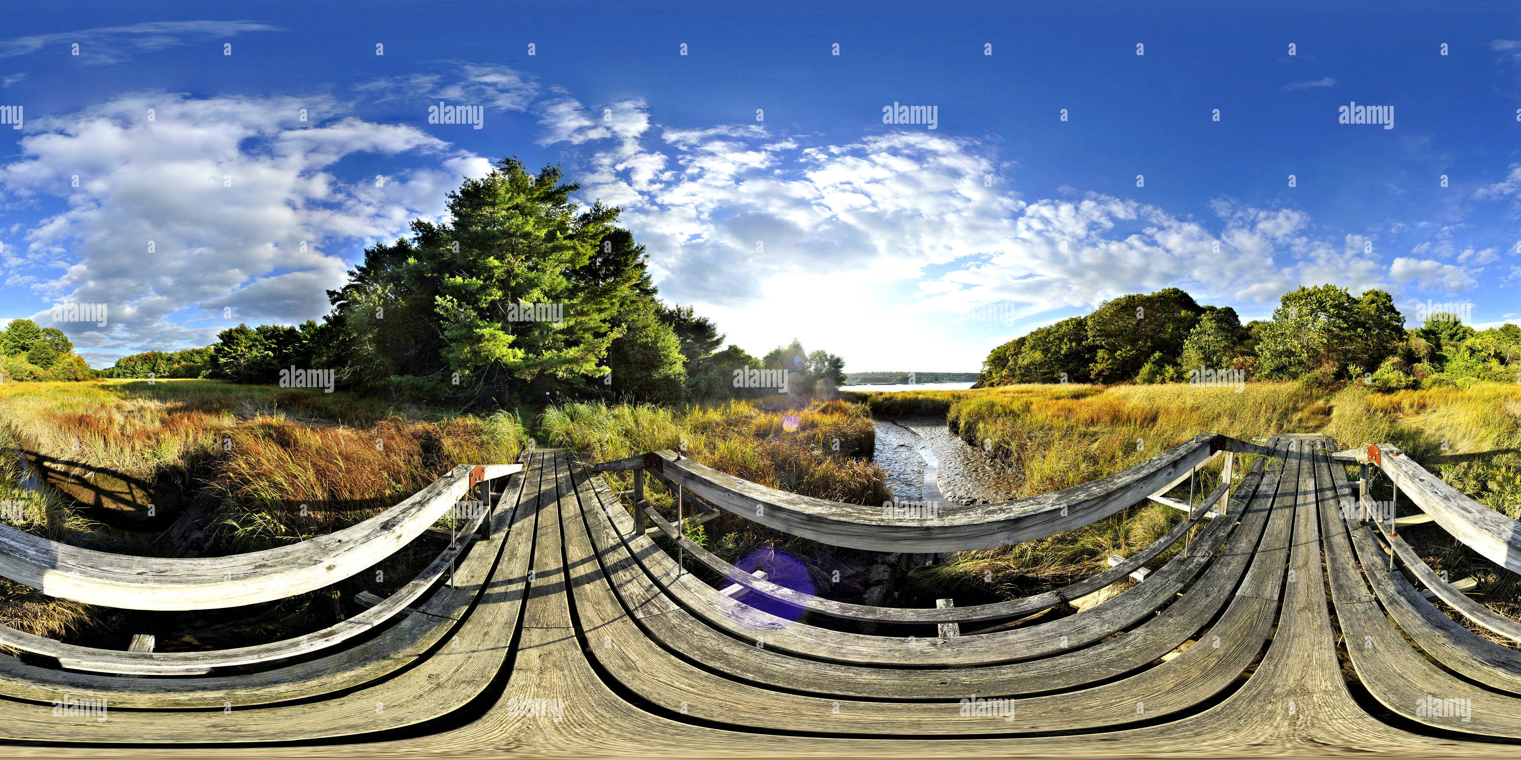 360 Grad Panorama Ansicht von Squirrel Point Lighthouse Trail Bridge, Arrowsic, Maine, USA