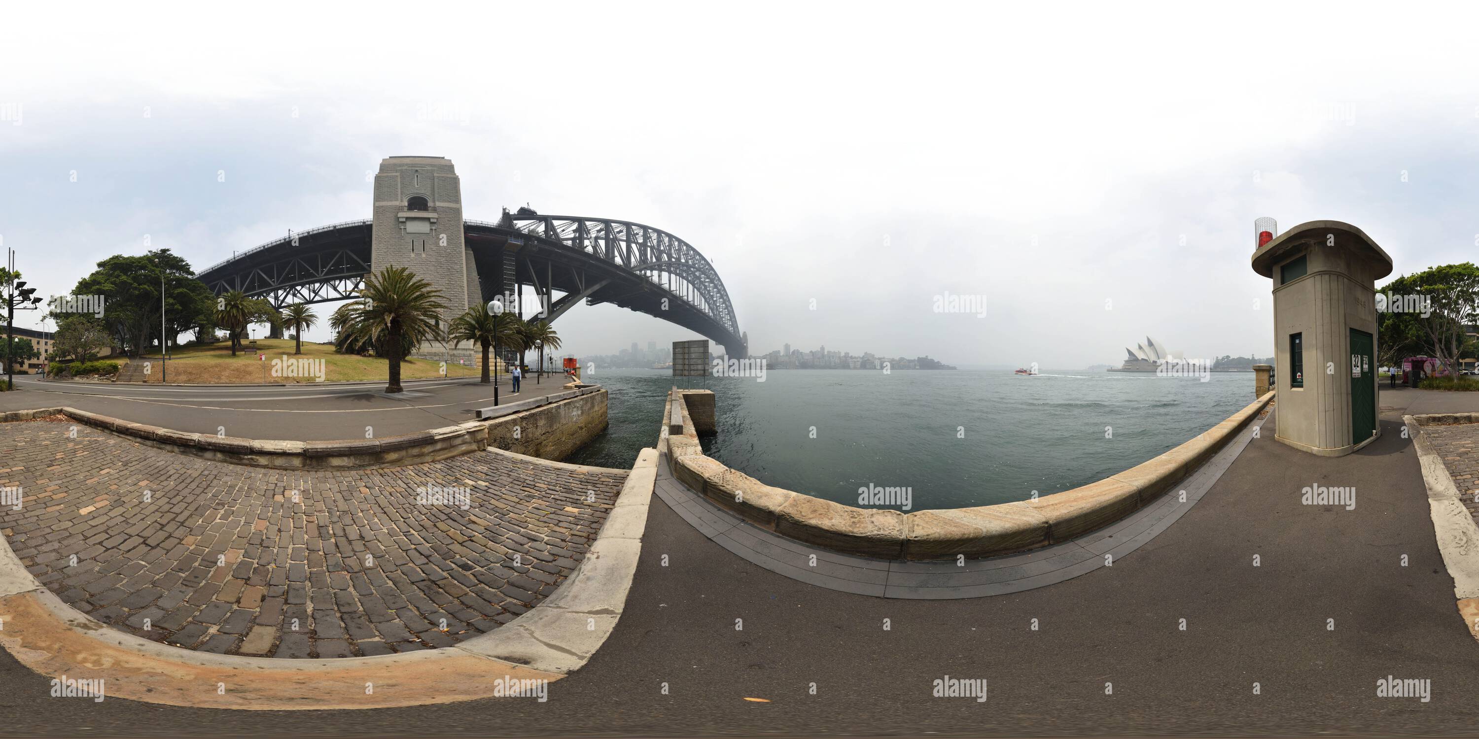 360 Grad Panorama Ansicht von Smog & Luftverschmutzung Machen Sie das Sydney Opera House & Harbour Bridge ab Dawes Point