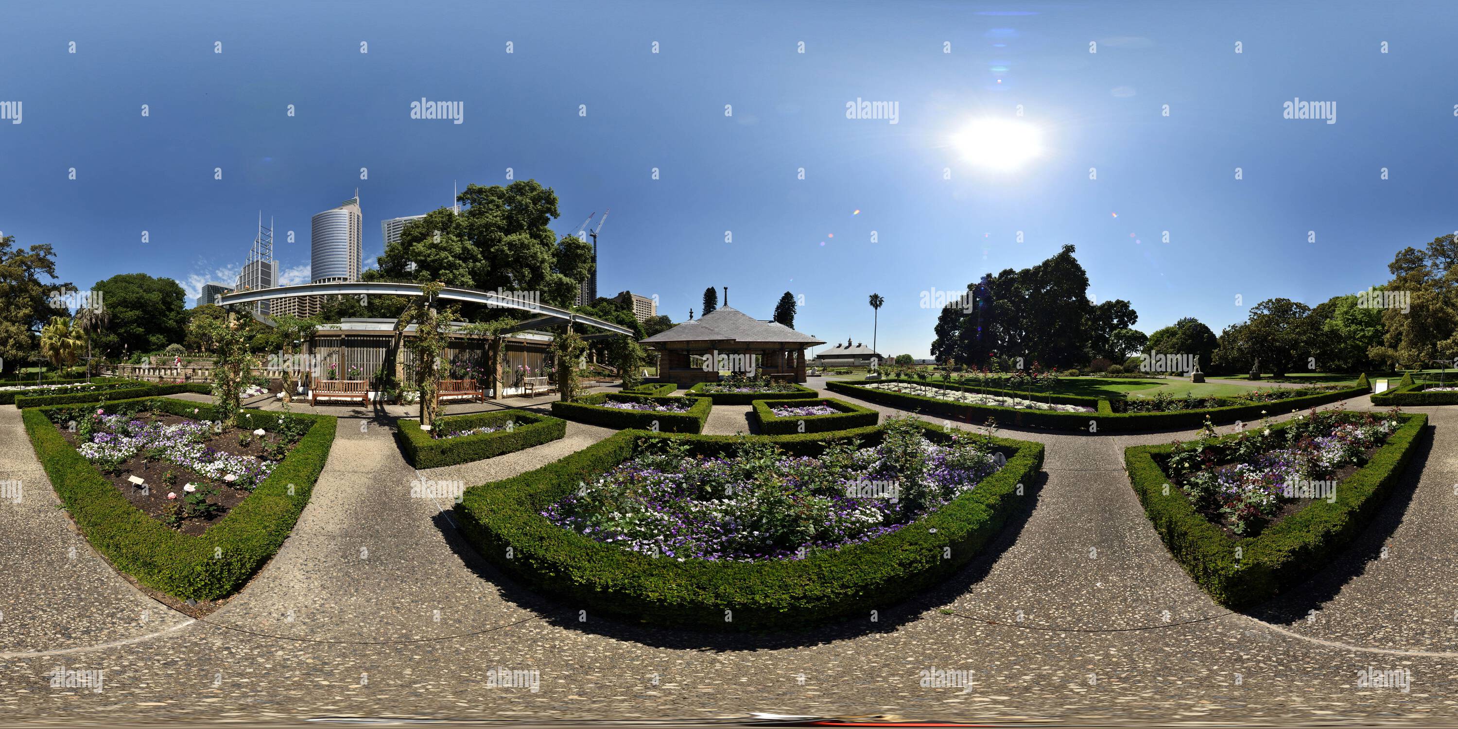 360 Grad Panorama Ansicht von Sydney, Australien, The Rose Garden & Pavilion im Royal Botanic Garden Sydney mit Blick auf das Sydney Conservatorium & CBD Wolkenkratzer