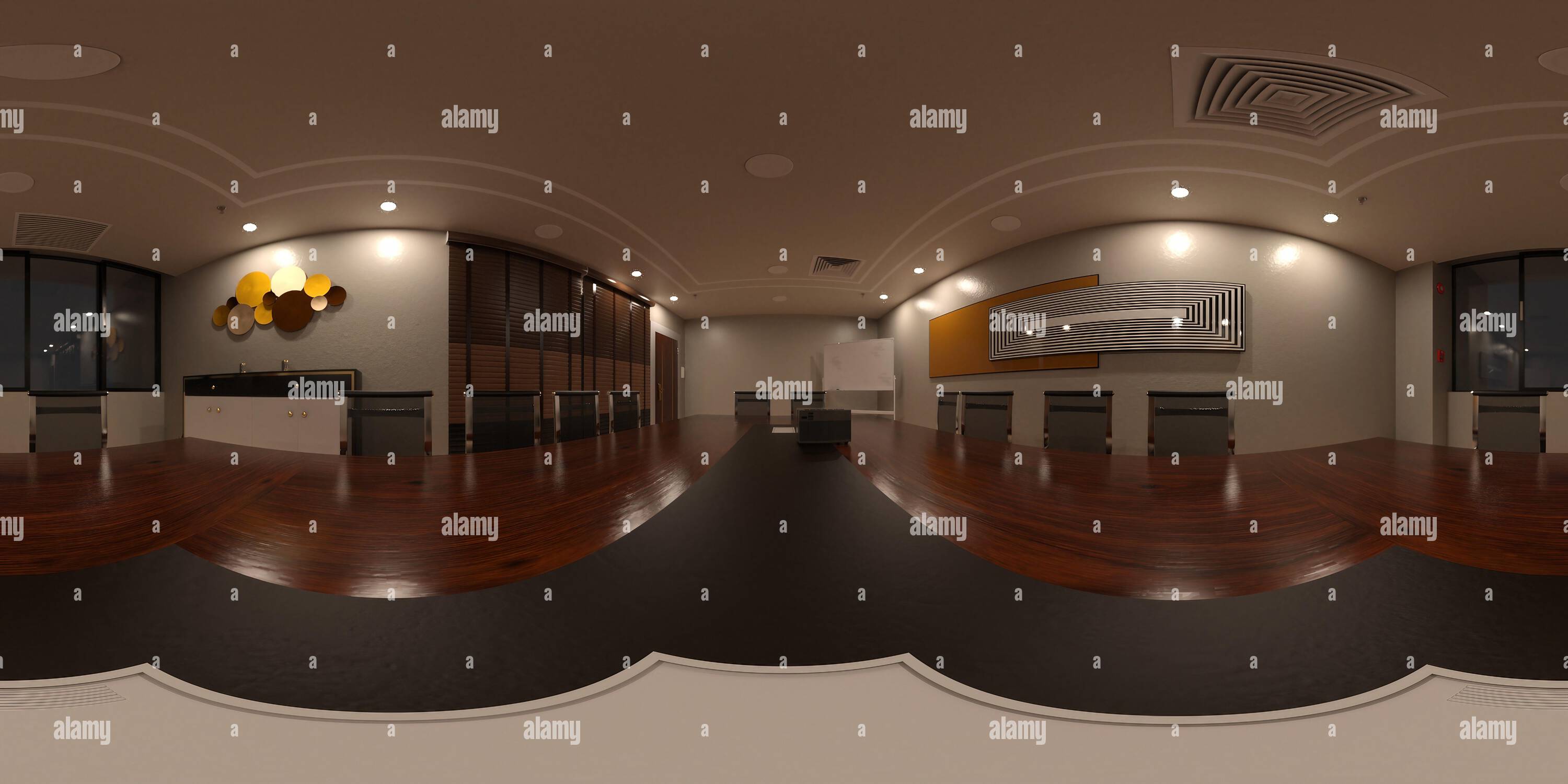 360 Grad Panorama Ansicht von 360-Grad-3D-Rendering eines leeren Sitzungszimmers mit Holztisch und weißen Wänden.