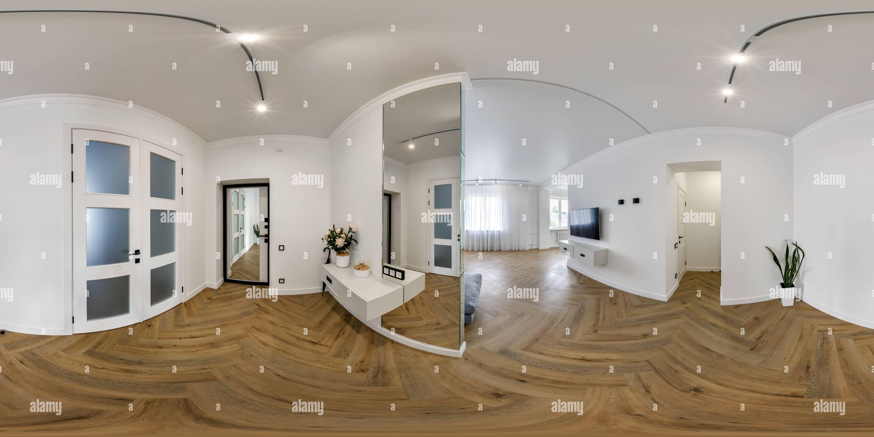 360 Grad Panorama Ansicht von Vollständig nahtlose kugelförmige 360 hdri-Panoramaansicht in der modernen Eingangshalle von Korridorräumen in weißem Stil in äquirechteckiger Projektion, AR VR-Inhalt,