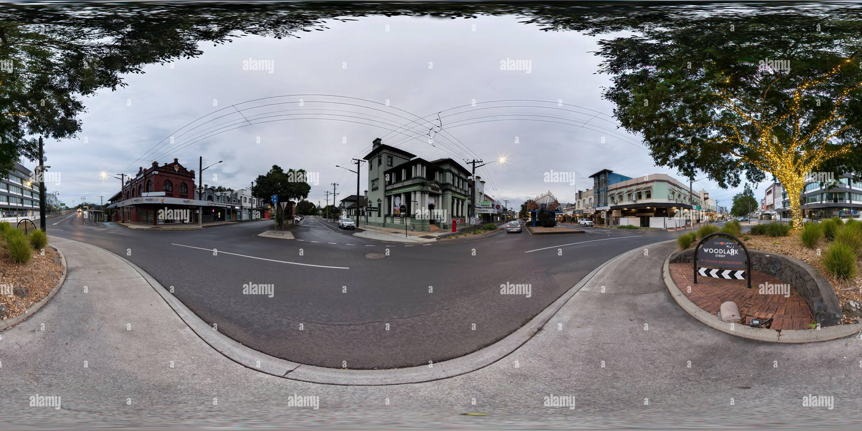 360 Grad Panorama Ansicht von 360 Panorama der ehemaligen Australian Joint Stock Bank (1876) Gebäude Molesworth und Woodlark St Lismore Northern Rivers New South Wales Australien