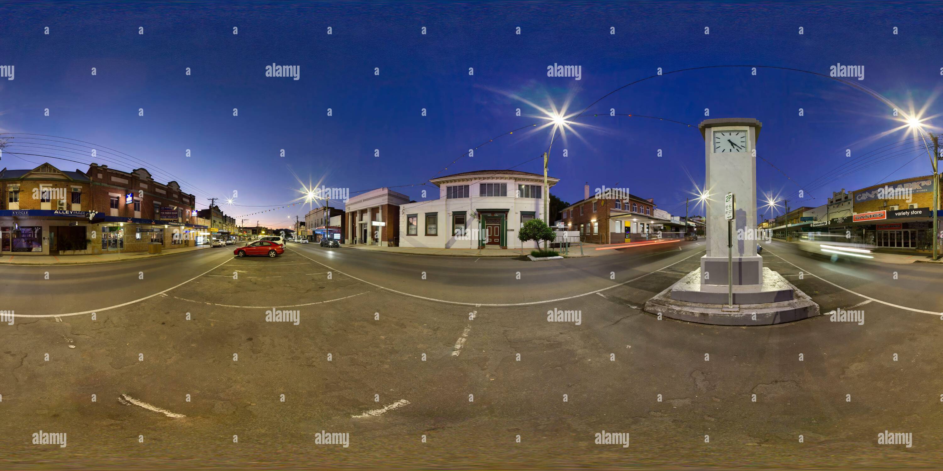 360 Grad Panorama Ansicht von 360°-Panorama des Commercial Hotels und war Memorial im Zentrum von Kyogle Northern Rivers New South Wales Australien