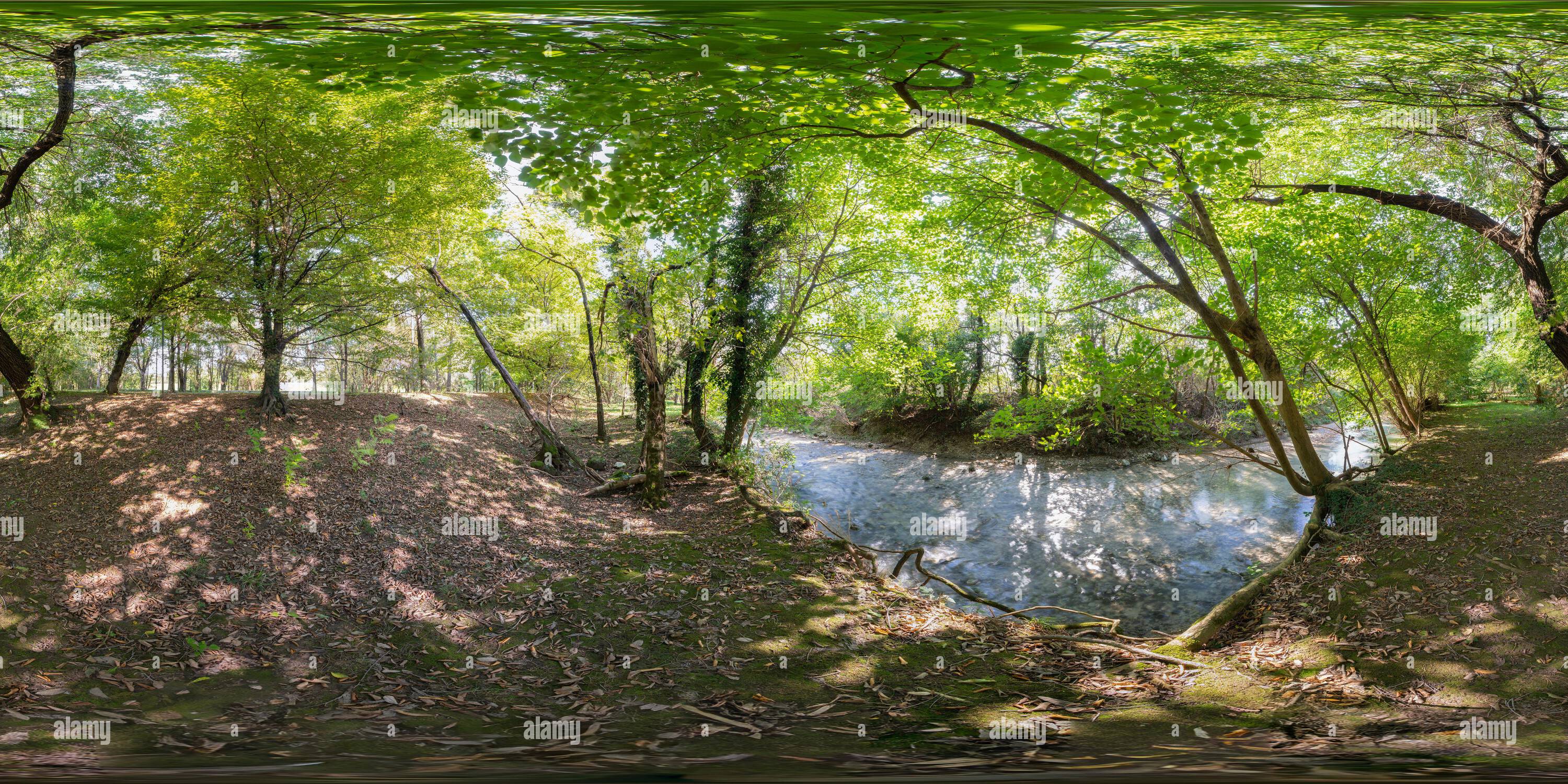 360 Grad Panorama Ansicht von 360 VR-Foto. Blick auf einen Bach im Grünen im Herbst