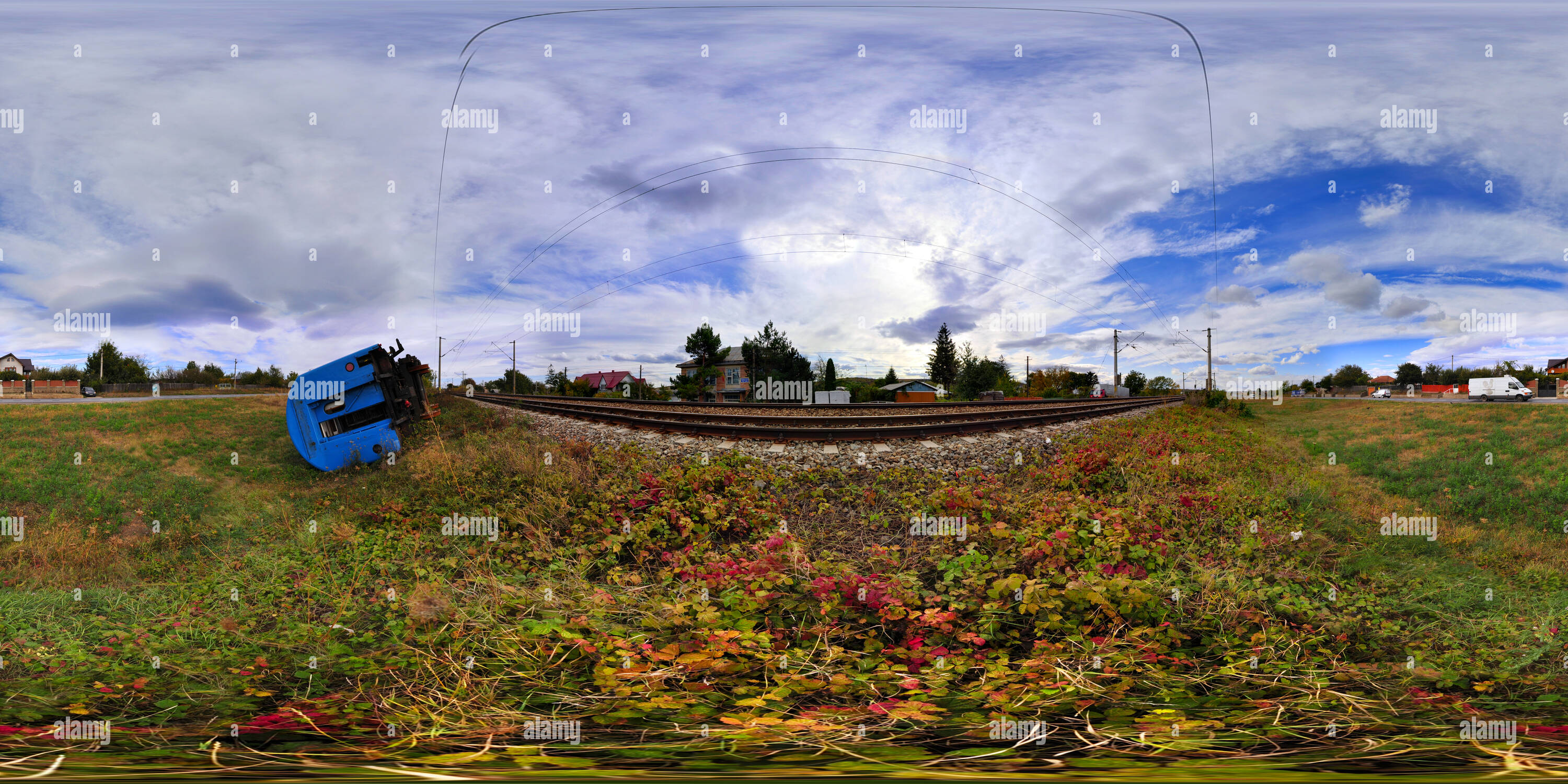 360 Grad Panorama Ansicht von Umgeworfen Traincoach in Budai in der Nähe von Iasi