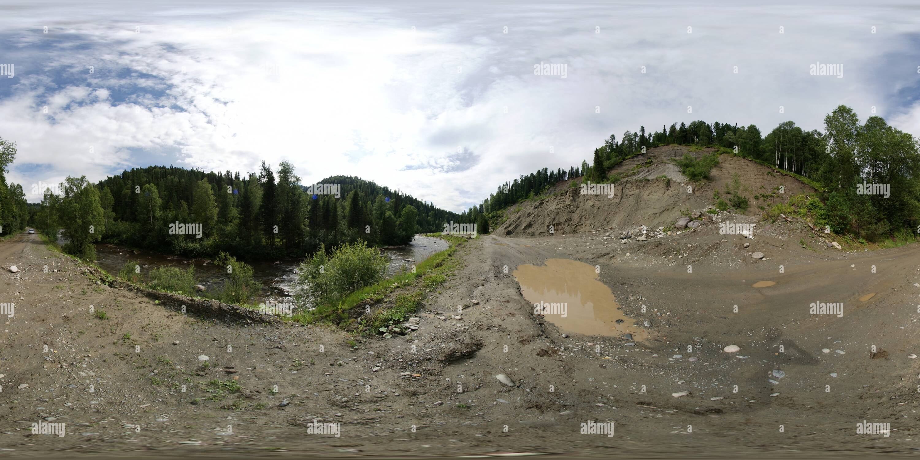 360 Grad Panorama Ansicht von Steinbruch am Iogach River. Altay