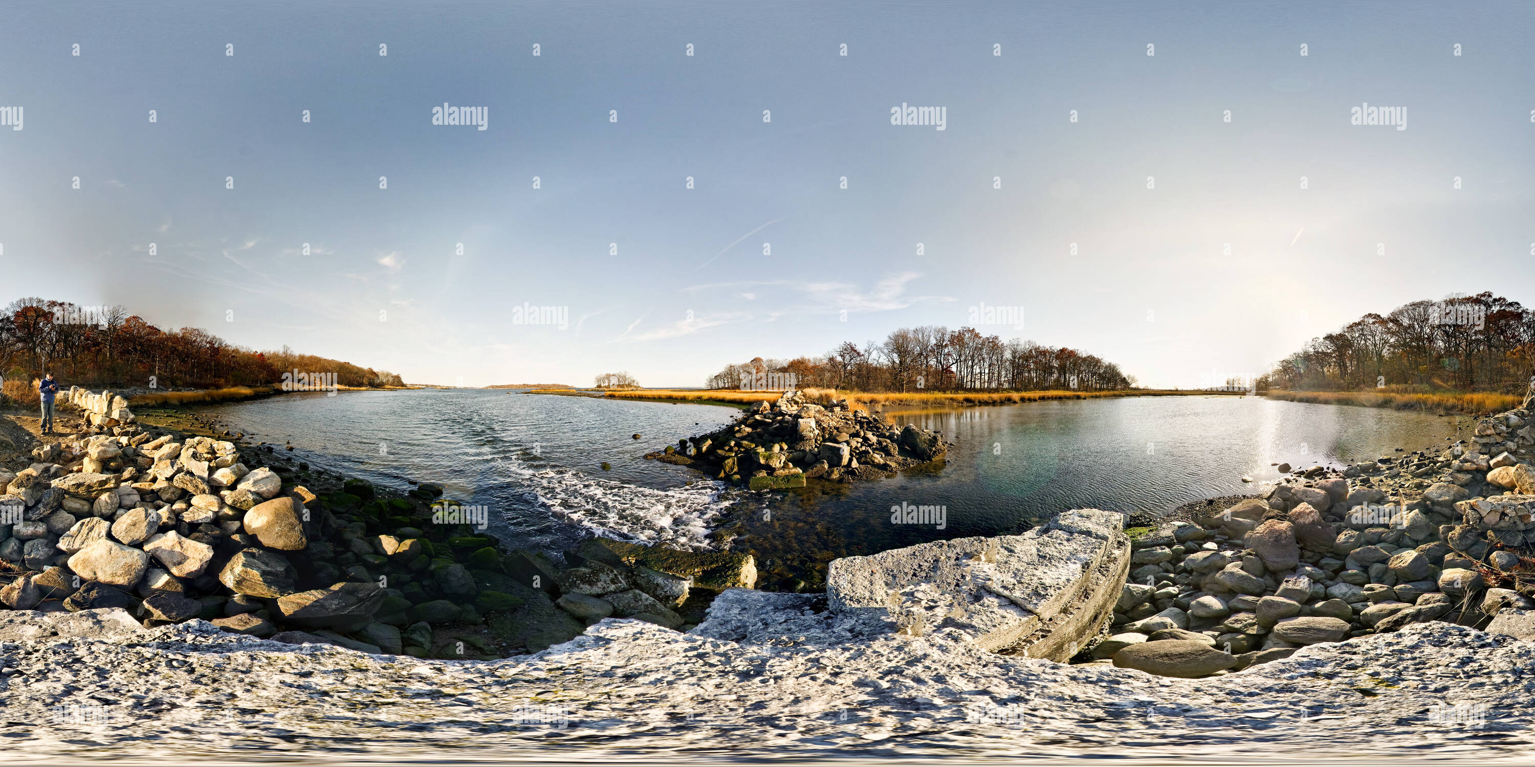 360 Grad Panorama Ansicht von Zwischen Jäger und Twin Island, Pelham Bay Park, New York