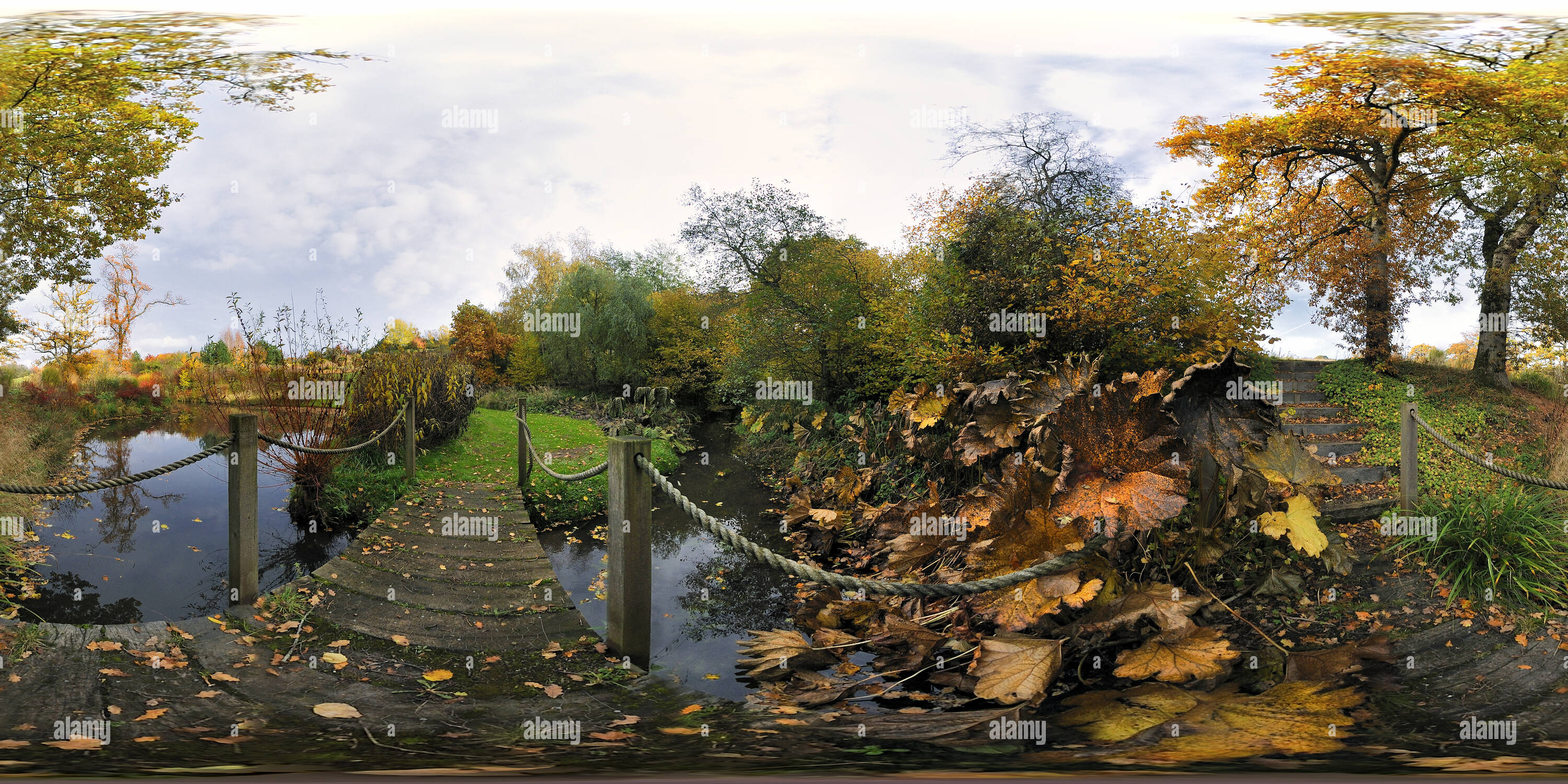 360 Grad Panorama Ansicht von Herbst im Garten, Ladyfarm Chelwood, Somerset. VR