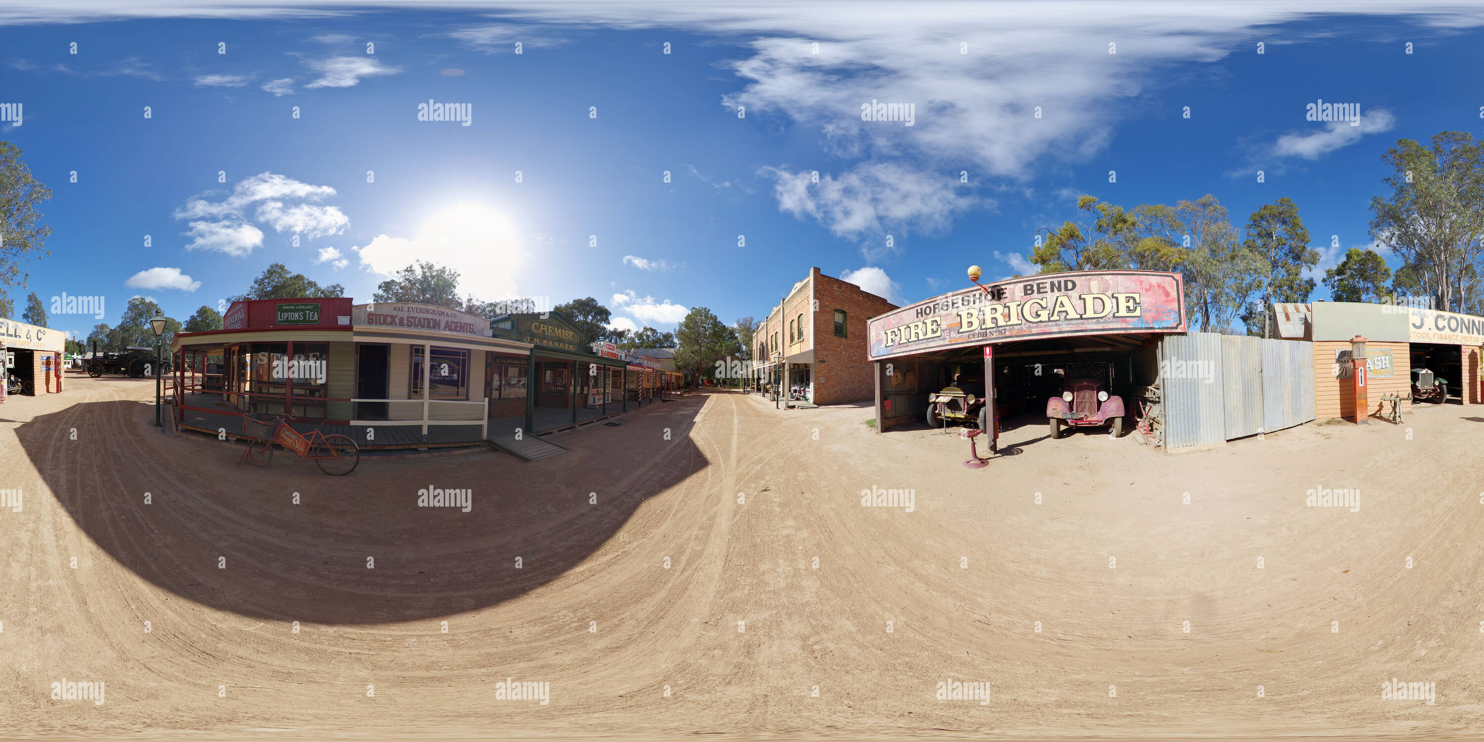 360 Grad Panorama Ansicht von Horseshoe Bend Feuerwehr in Pioneer Settlement Swan Hill