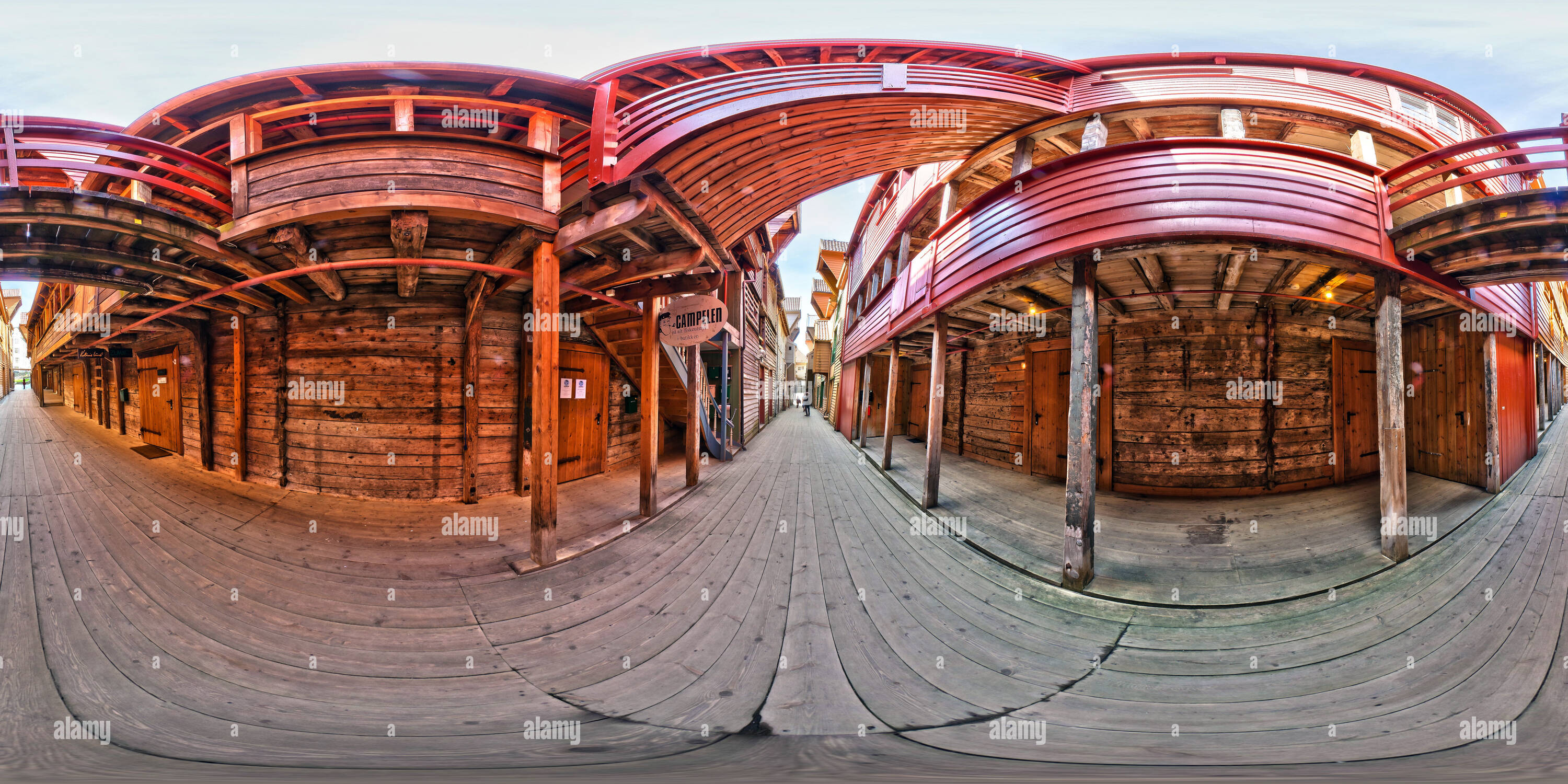 360 Grad Panorama Ansicht von Die alten Holzhäuser Bryggen, Bergen