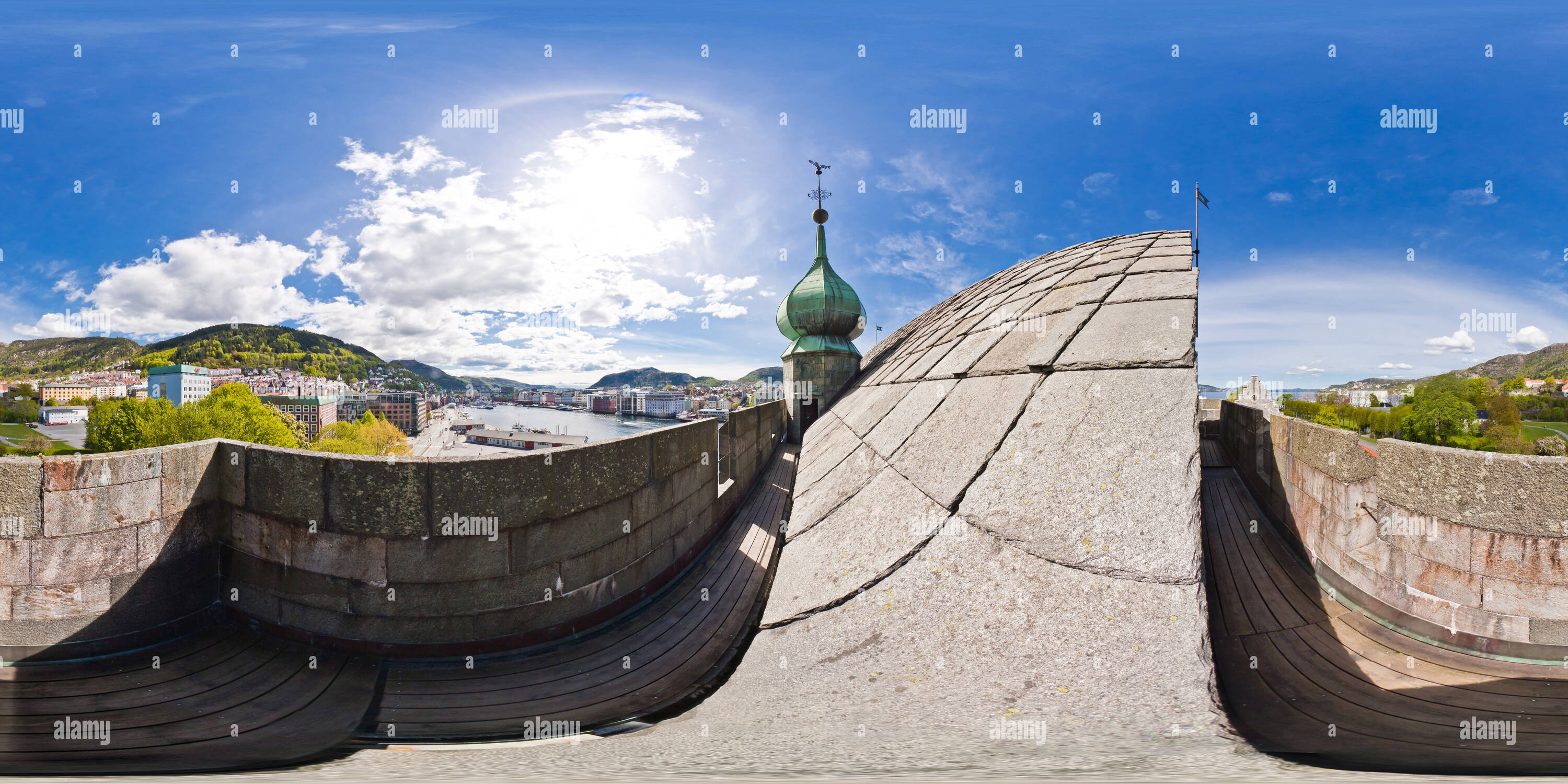 360 Grad Panorama Ansicht von Blick von der Burg Rosenkrantz-turm, Bergen, Bergen