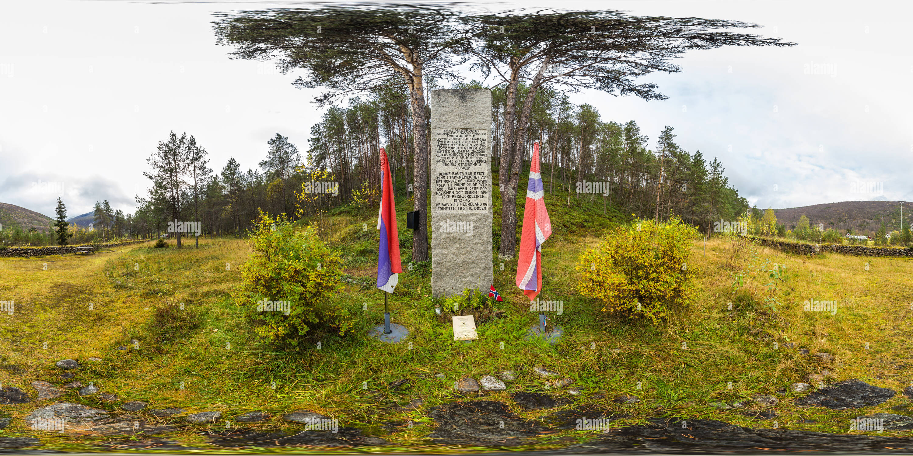 360 Grad Panorama Ansicht von Denkmal für jugoslawische Kriegsgefangene in Norwegen gewidmet