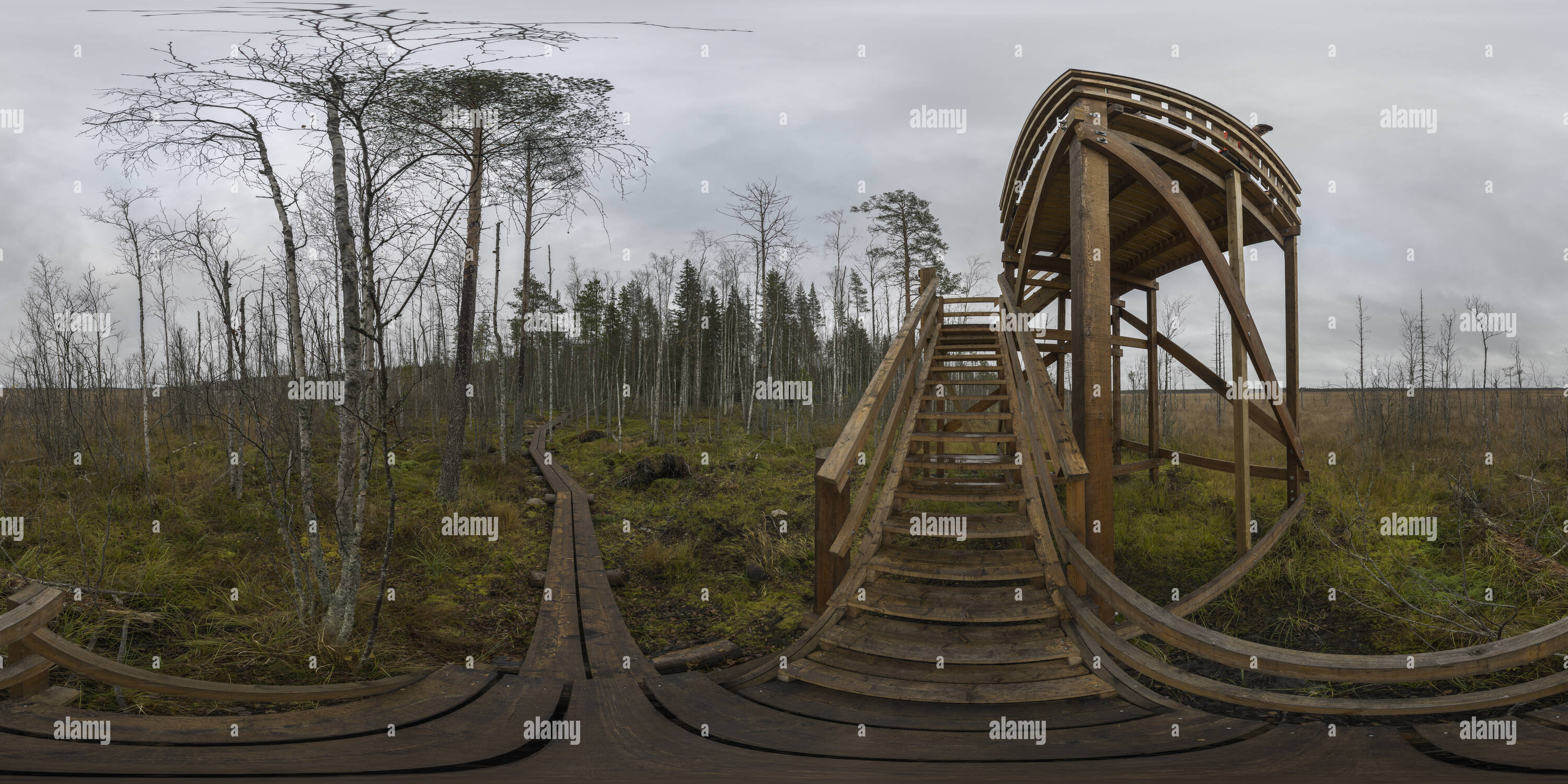 360 Grad Panorama Ansicht von Heinä-Suvanto Vogelbeobachtung Turm von unten, Viitasaari