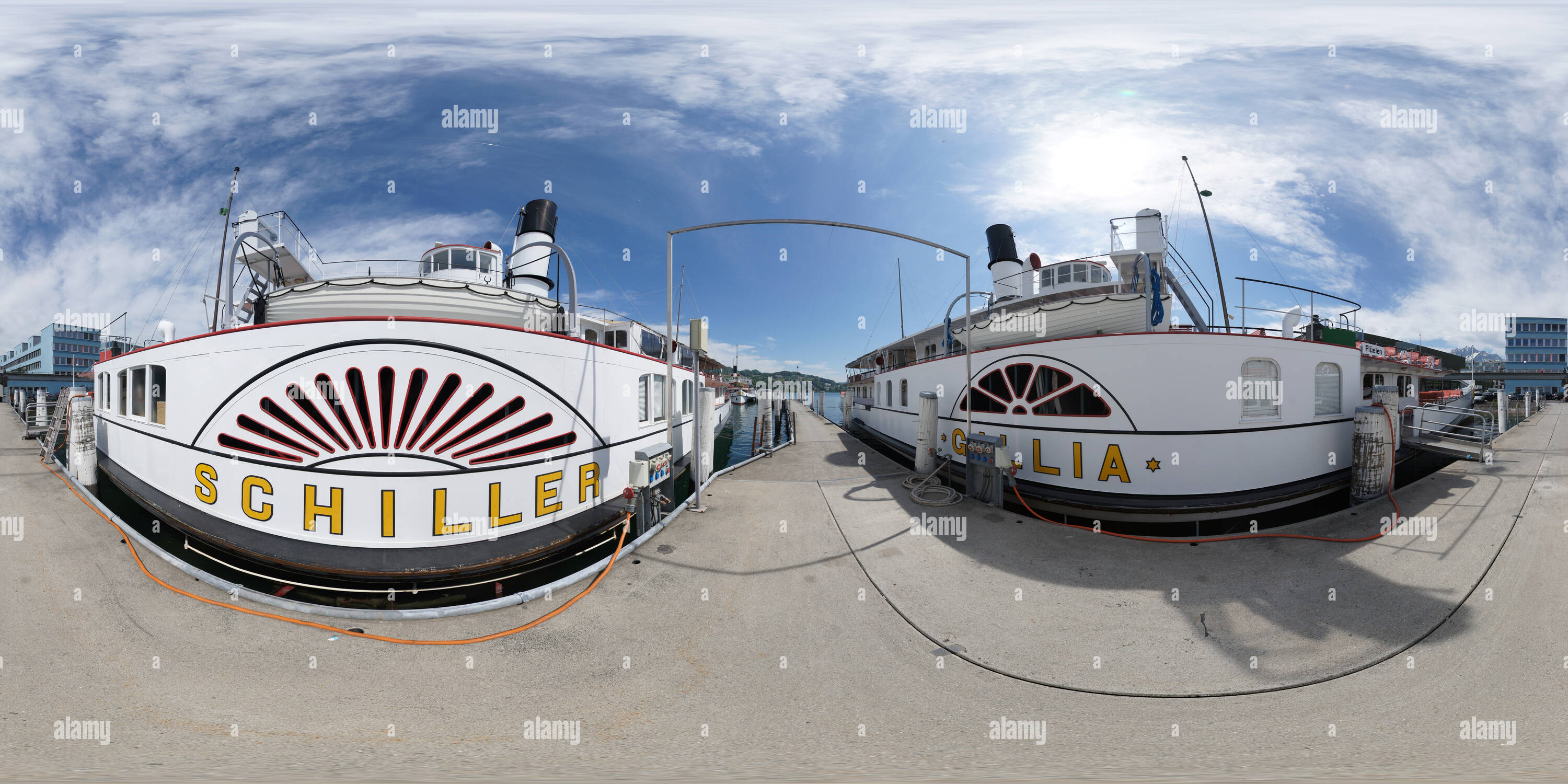 360 Grad Panorama Ansicht von Schweiz Luzern Pier Steamboat Schaufelrad