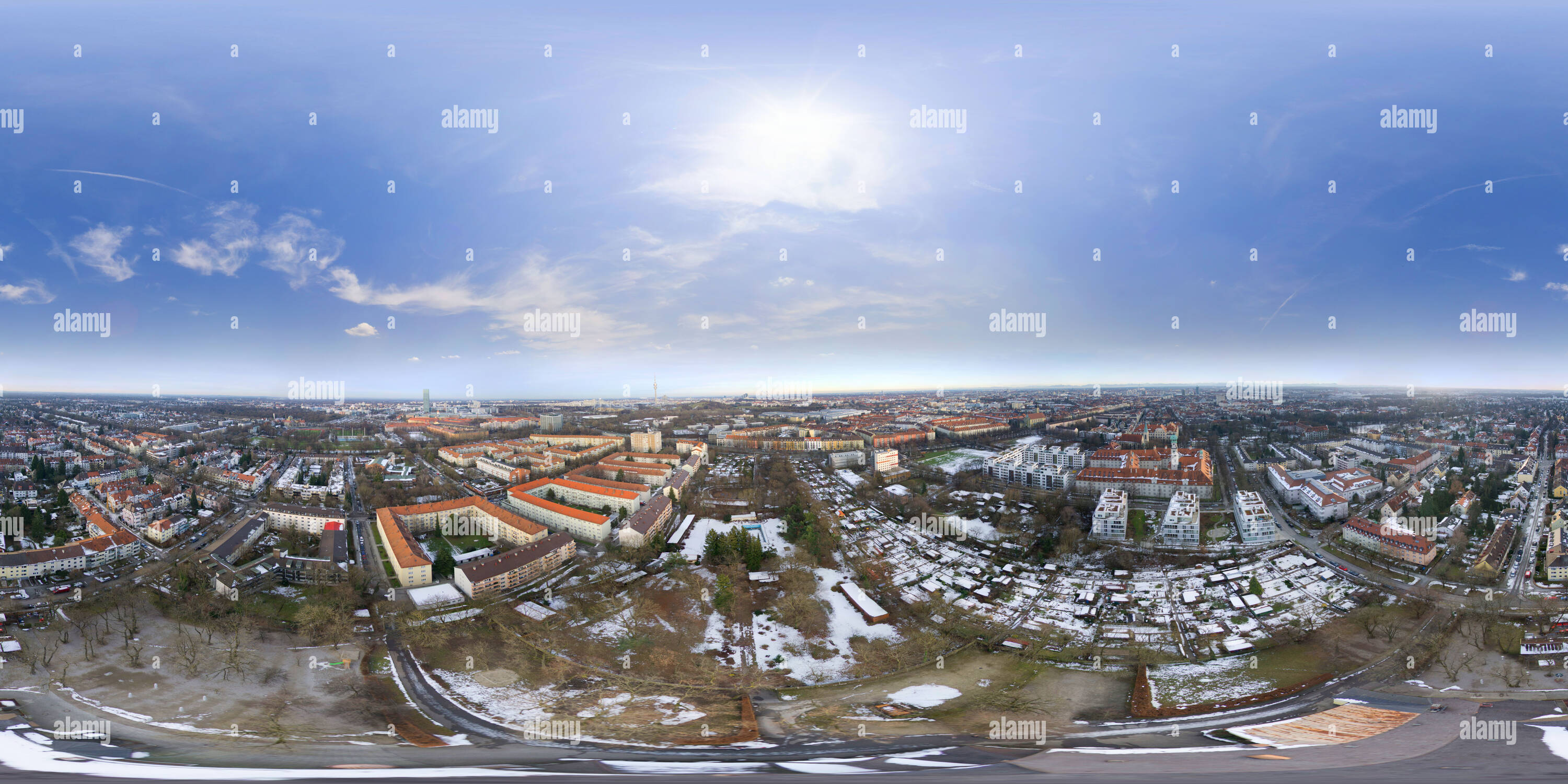 360 Grad Panorama Ansicht von Taxis Biergarten München, verschneite