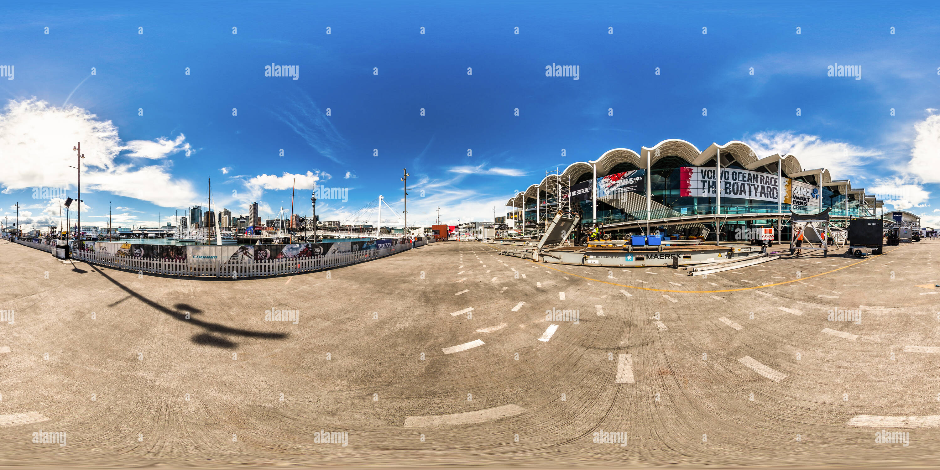 360 Grad Panorama Ansicht von Einrichten der Bootswerft - Volvo Ocean Race 2015 Auckland Zwischenstopp - Neuseeland