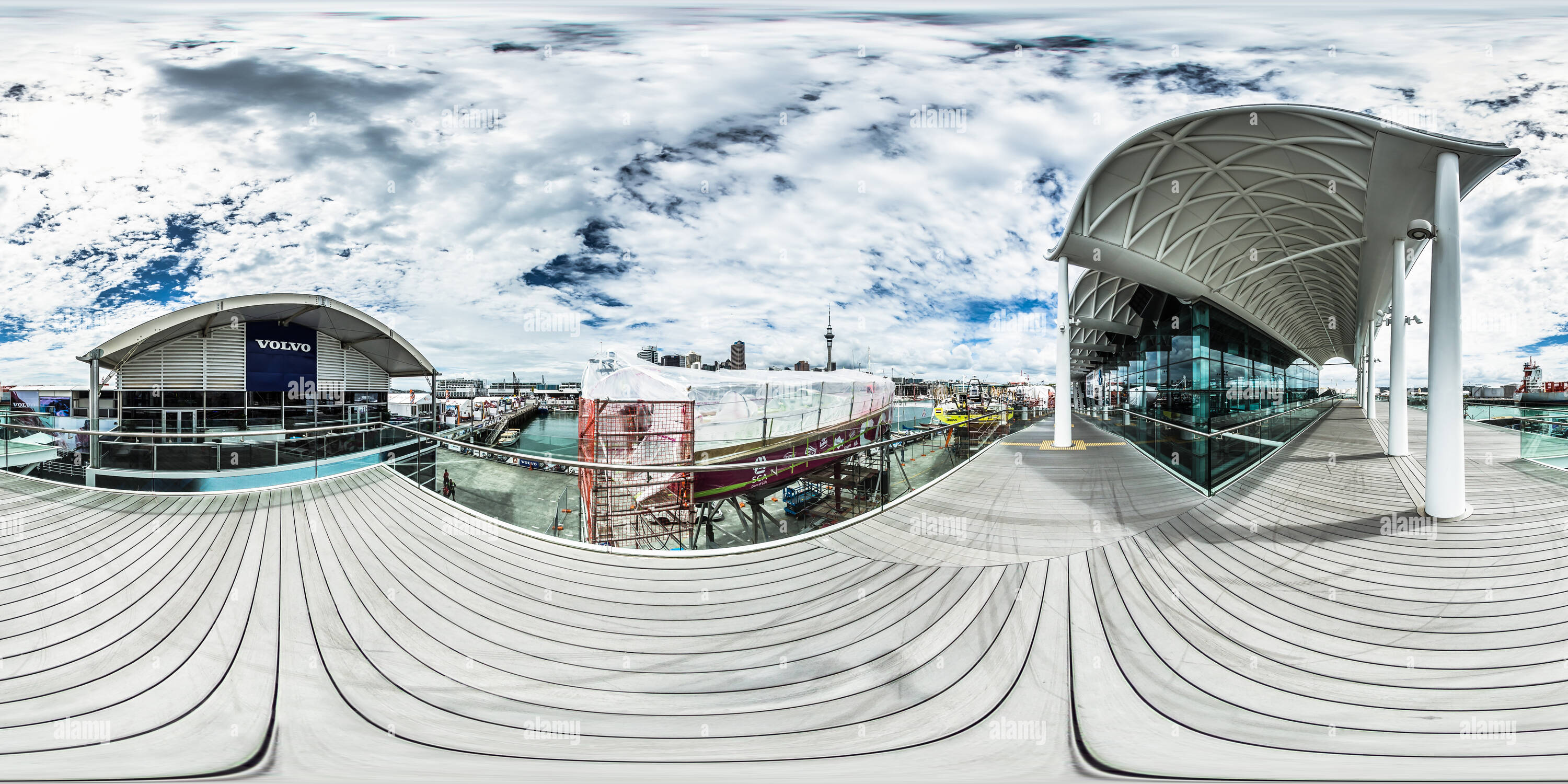 360 Grad Panorama Ansicht von VO65 Zone an der Bootswerft - Volvo Ocean Race 2015 Auckland Zwischenstopp - Neuseeland