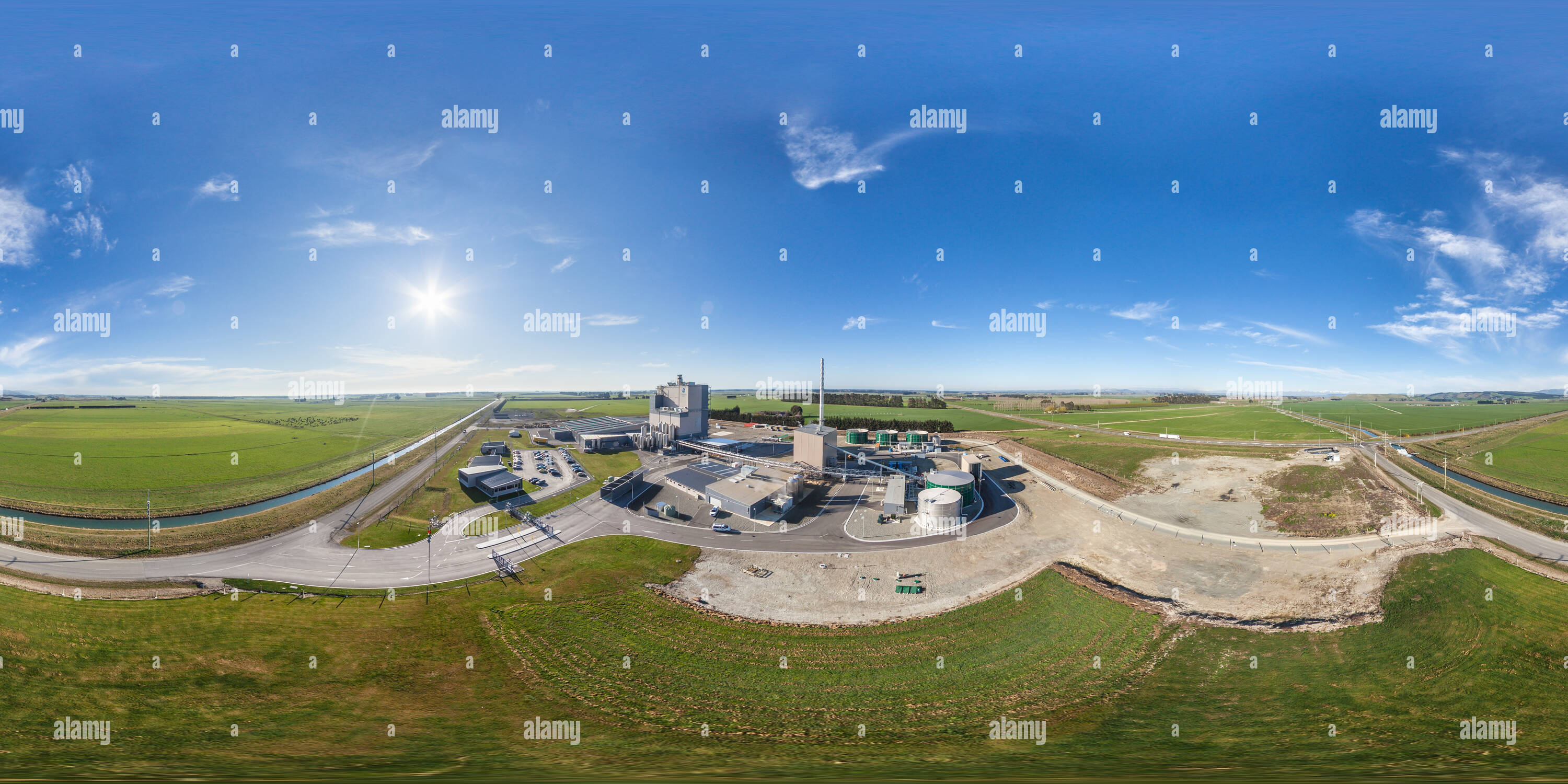 360 Grad Panorama Ansicht von 360 Antenne Pano von Ozeanien Molkerei - Glenavy Milch verarbeitende Fabrik - South Canterbury - Neuseeland - Ozeanien