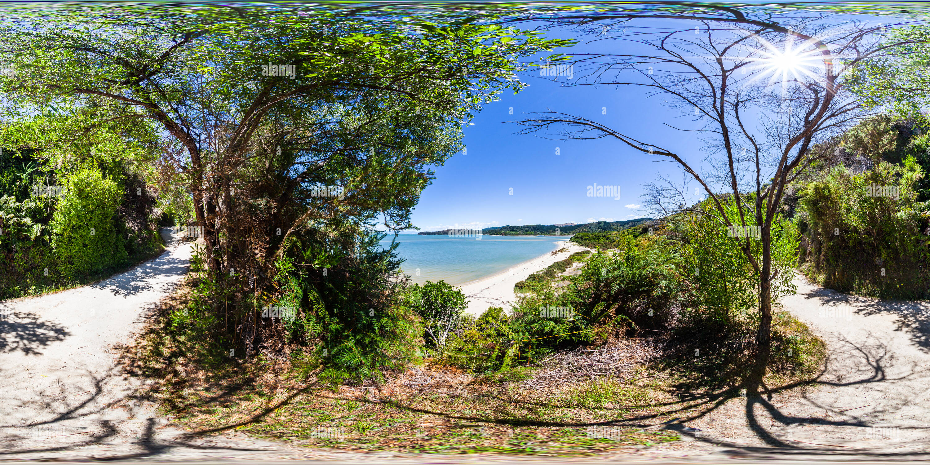 360 Grad Panorama Ansicht von Blick auf Sandy Bay - Abel Tasman Coast Track - Tasman - Neuseeland - Ozeanien