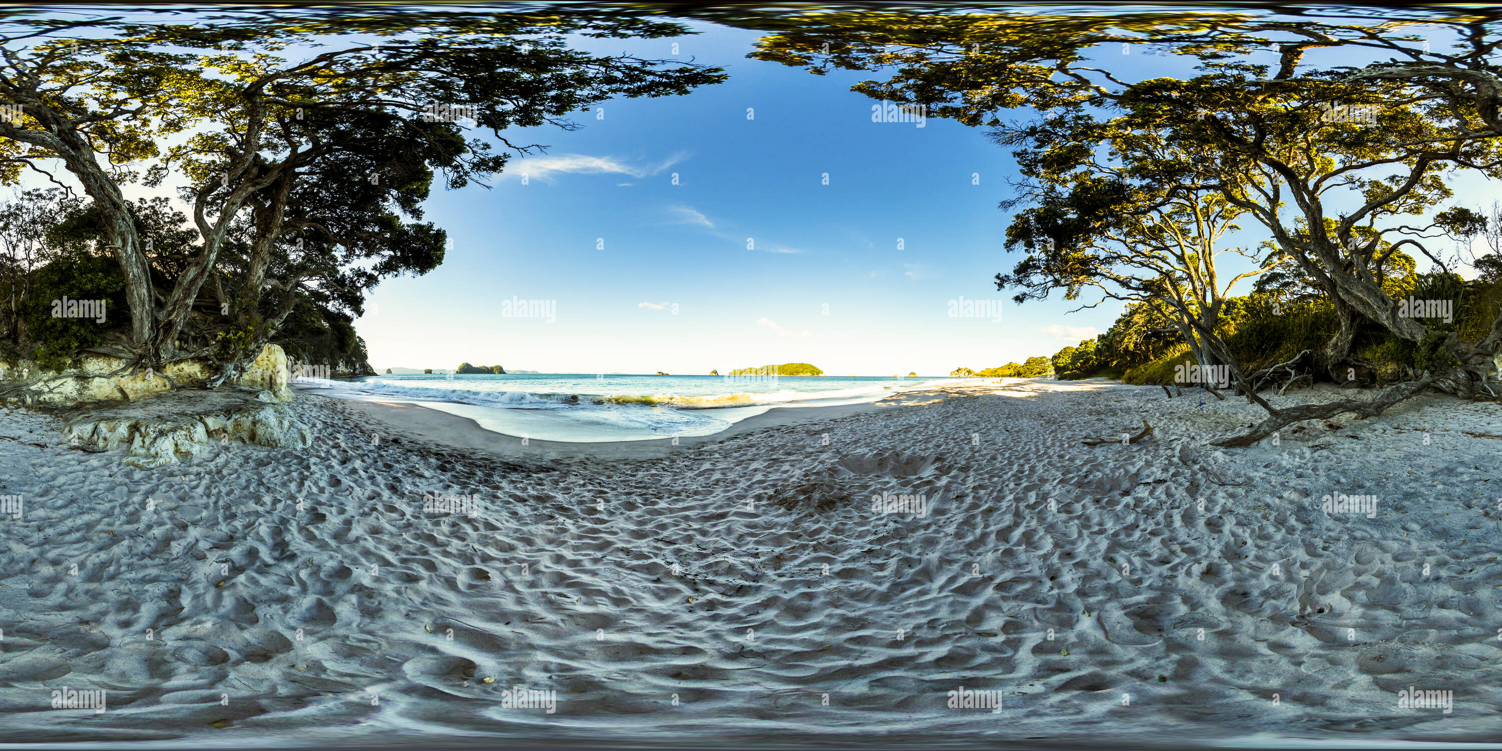 360 Grad Panorama Ansicht von Hahei Beach Küste bei Sonnenuntergang - Coromandel Halbinsel - Waikato, Neuseeland