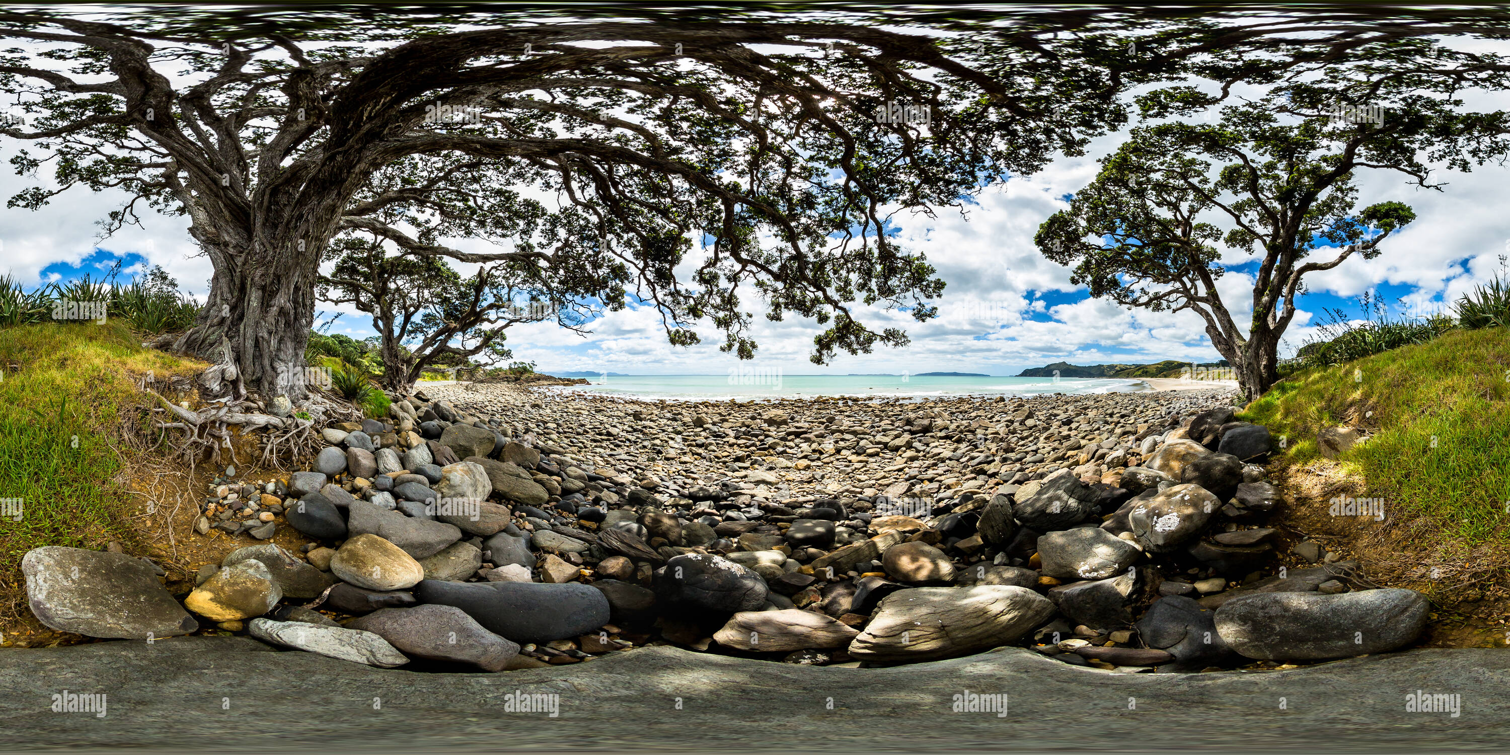 360 Grad Panorama Ansicht von Kuaotunu steinigen Strand - Bluff Road von kuaotunu Strand Ringe Strand - Coromandel Halbinsel - Waikato, Neuseeland