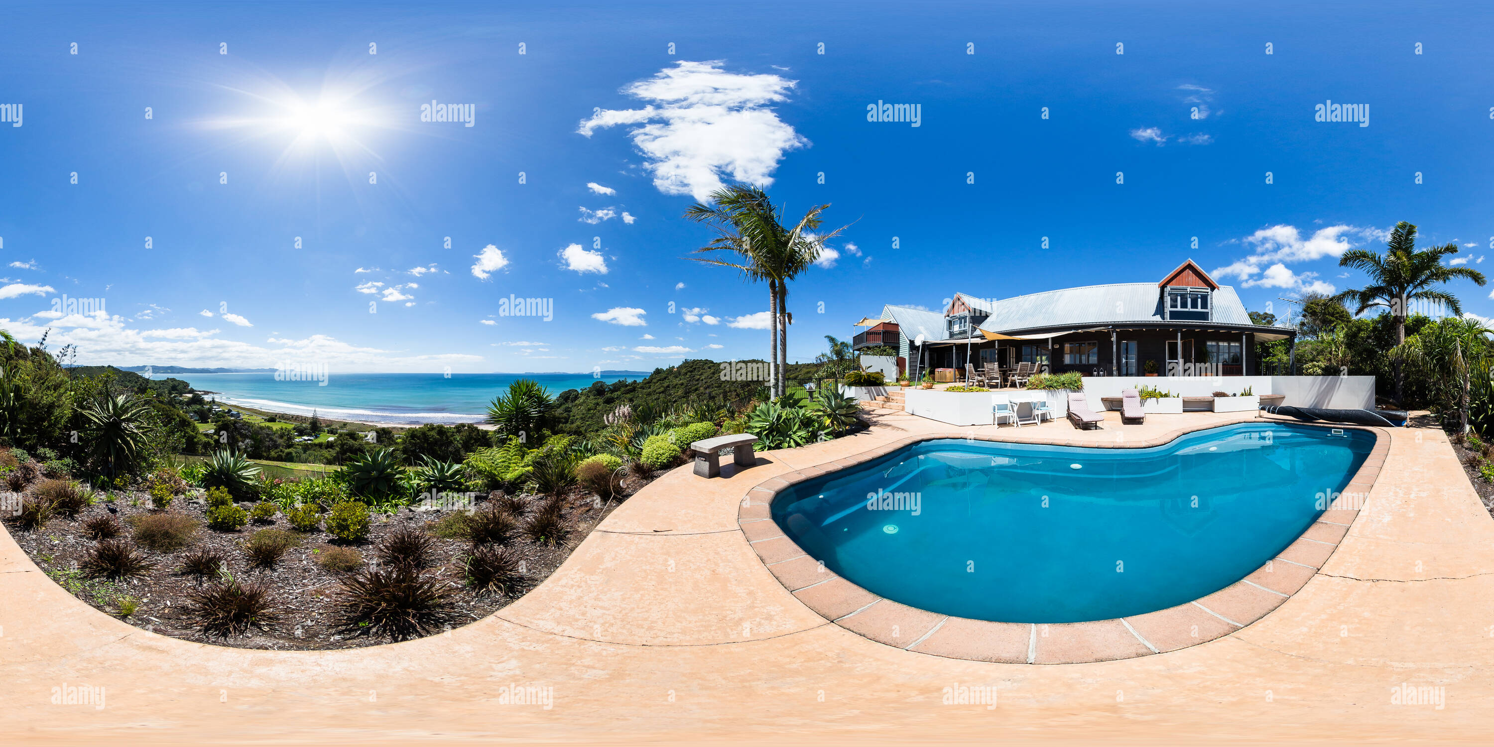 360 Grad Panorama Ansicht von Private Ferienwohnung/haus Unterkunft - Ringe Strand - Coromandel Halbinsel - Waikato, Neuseeland