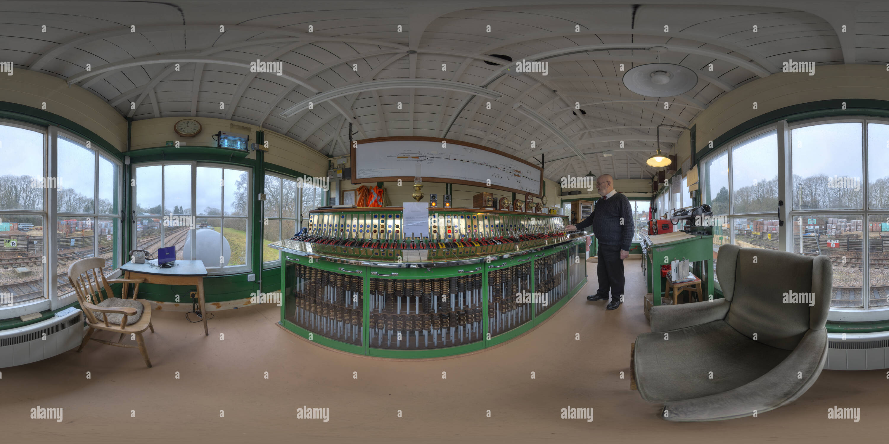 360 Grad Panorama Ansicht von Kingscote Norden signal Box auf der Bluebell Railway