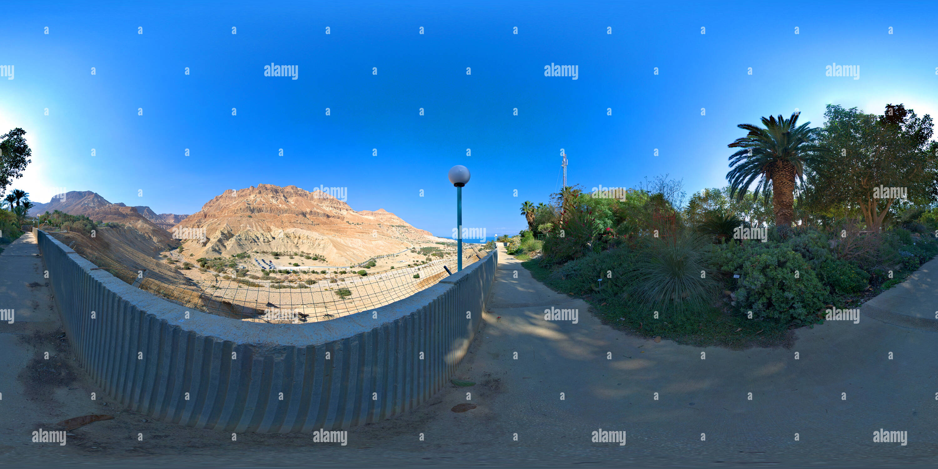 360 Grad Panorama Ansicht von Nahal arugot Blick von Ein Gedi, Botanischer Garten