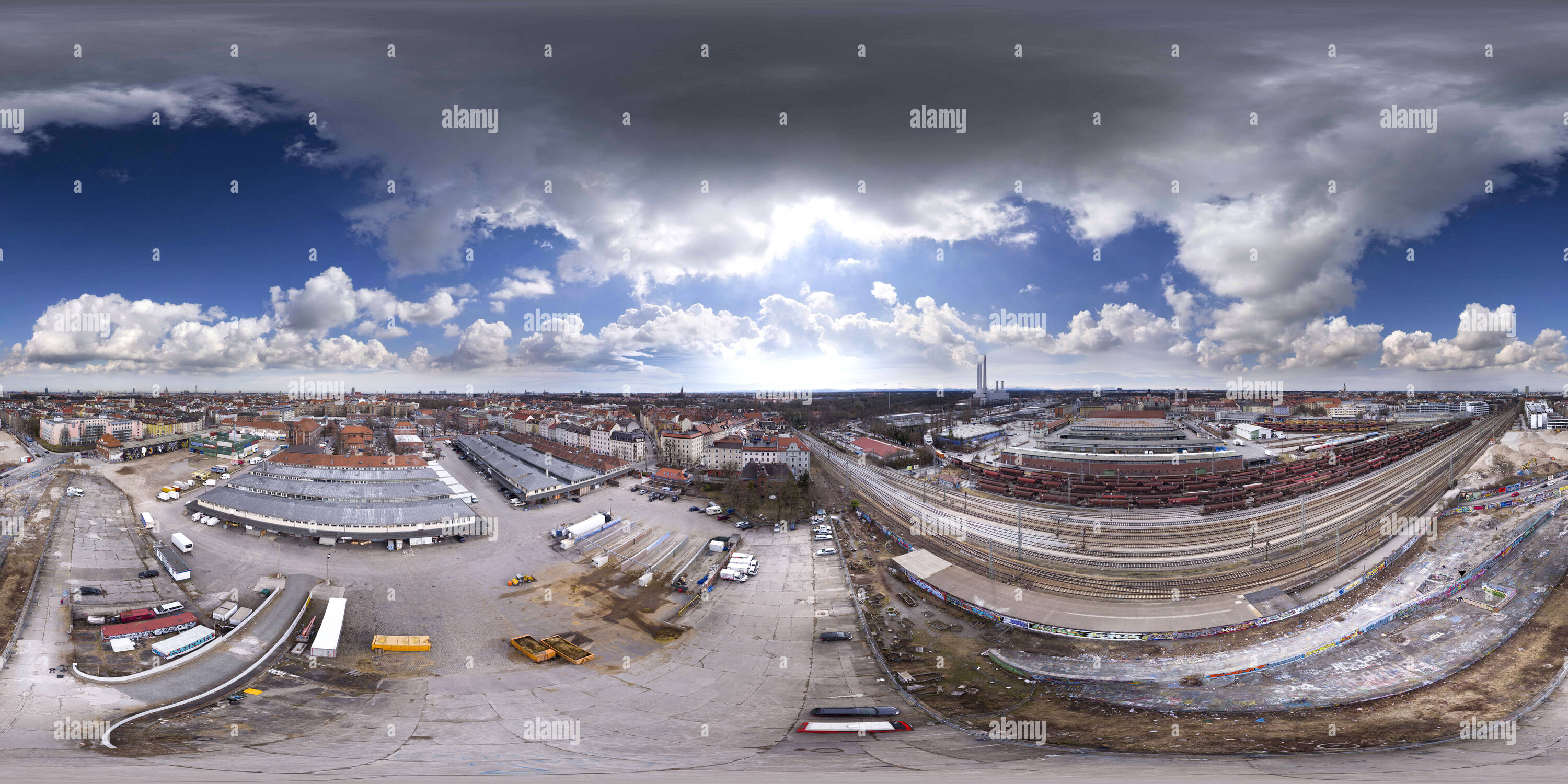 360 Grad Panorama Ansicht von München Viehhof in Ludwigsvorstadt-Isarvorstadt, Mar 2017, Luftaufnahme