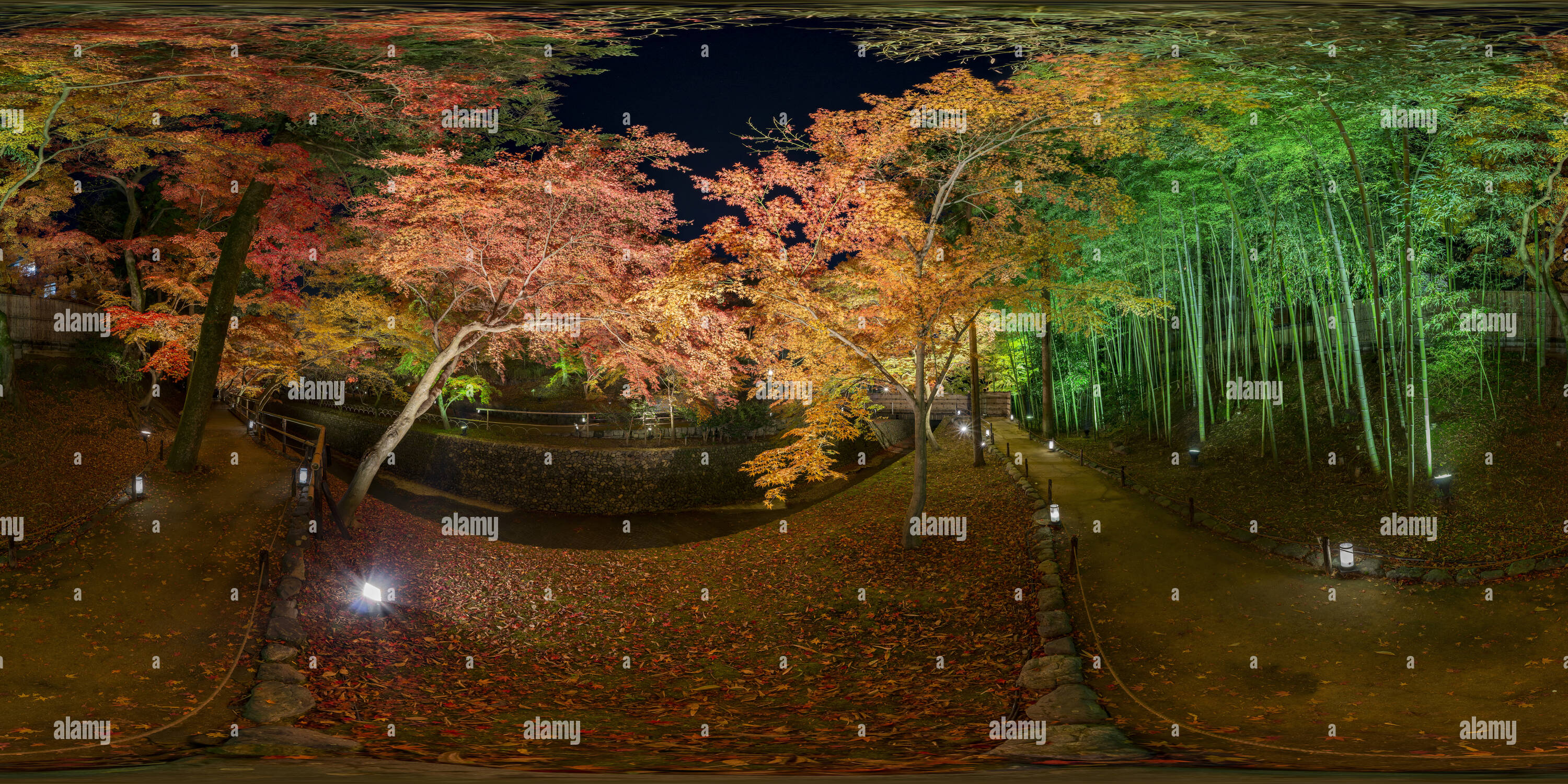 360 Grad Panorama Ansicht von Herbst Blätter sind beleuchtet in Kitano Tenman-gu Schrein Kyoto, Japan 05.