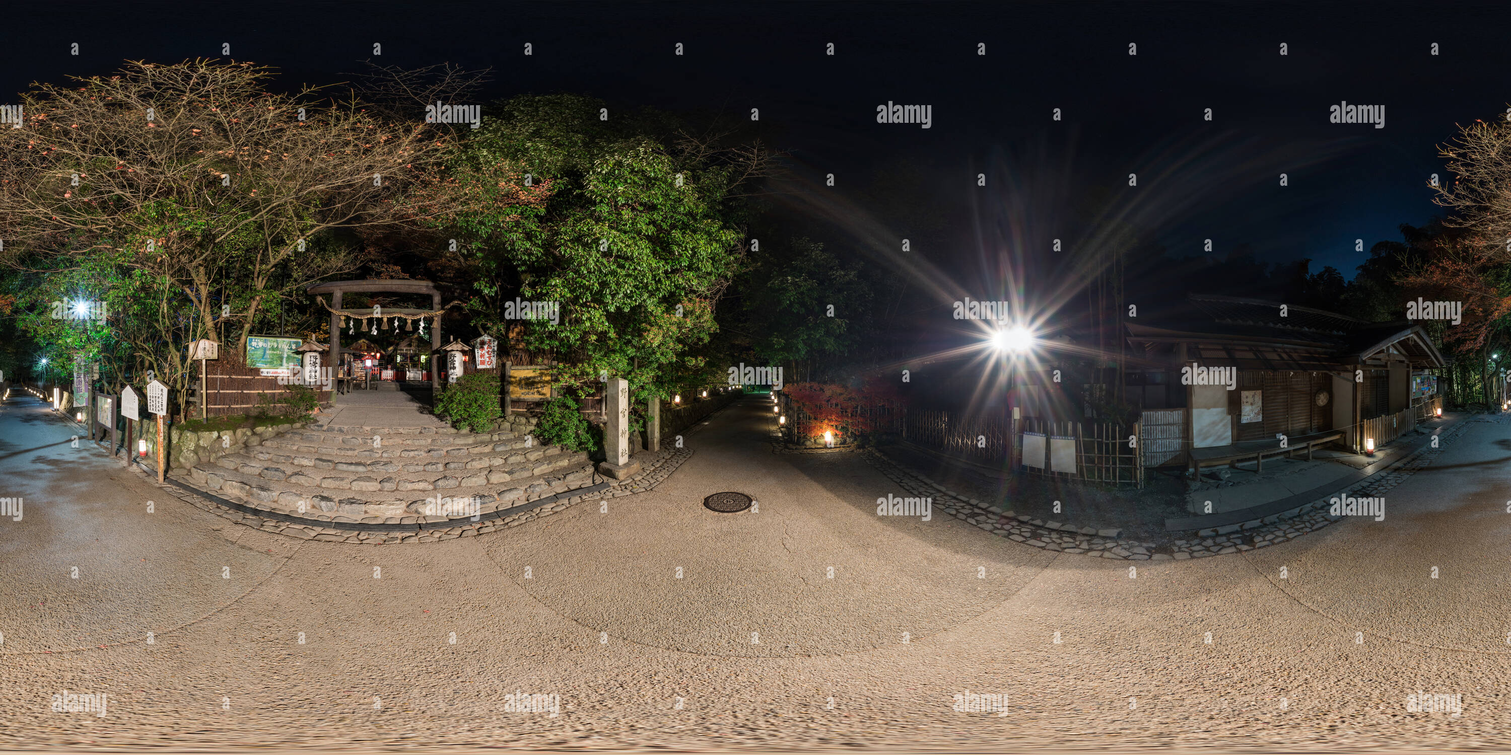 360 Grad Panorama Ansicht von Nonomiya Heiligtum aus Licht-up Arashiyama Kyoto, Japan 04.