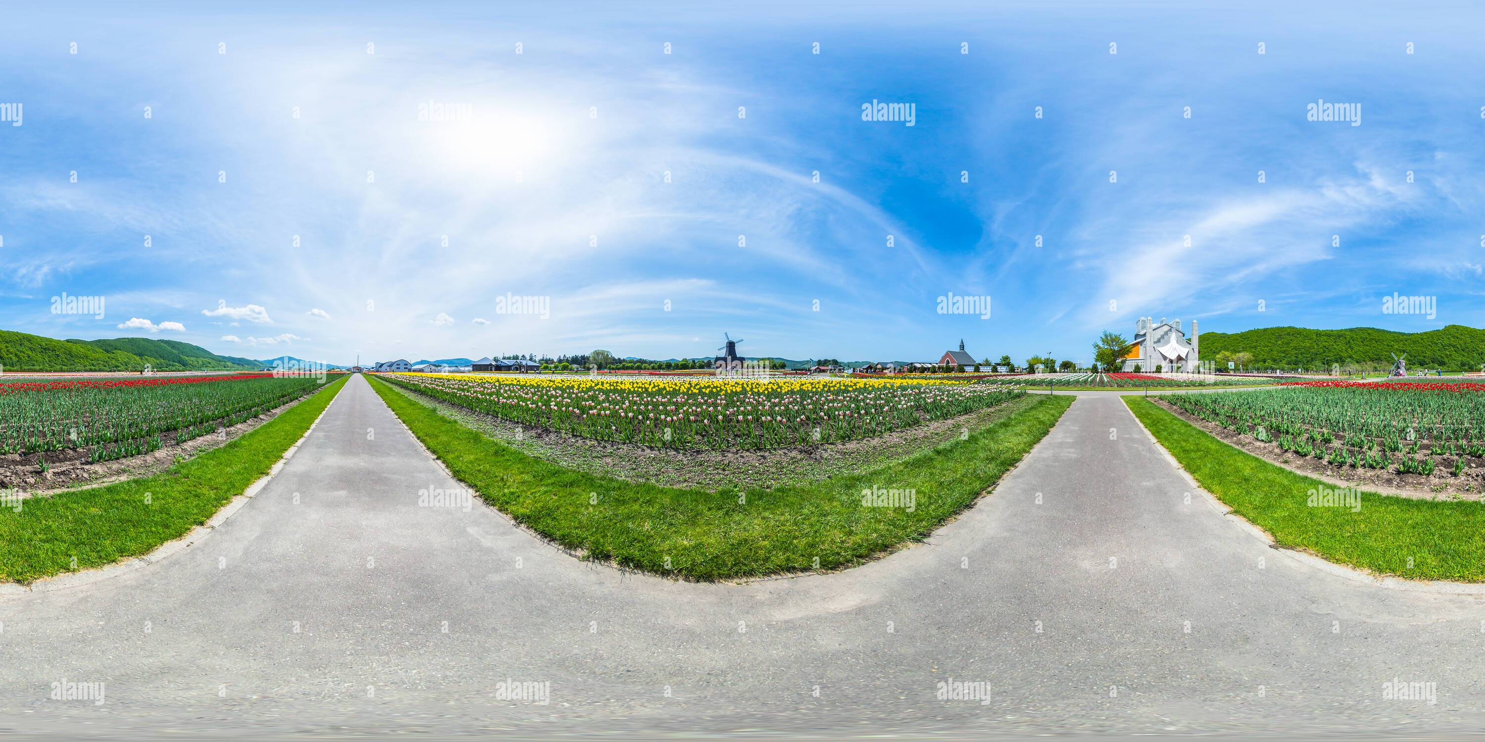 360 Grad Panorama Ansicht von Tulip Park und Museum Furusato JRY-Kamiyubetsu - Hokkaido - Japan