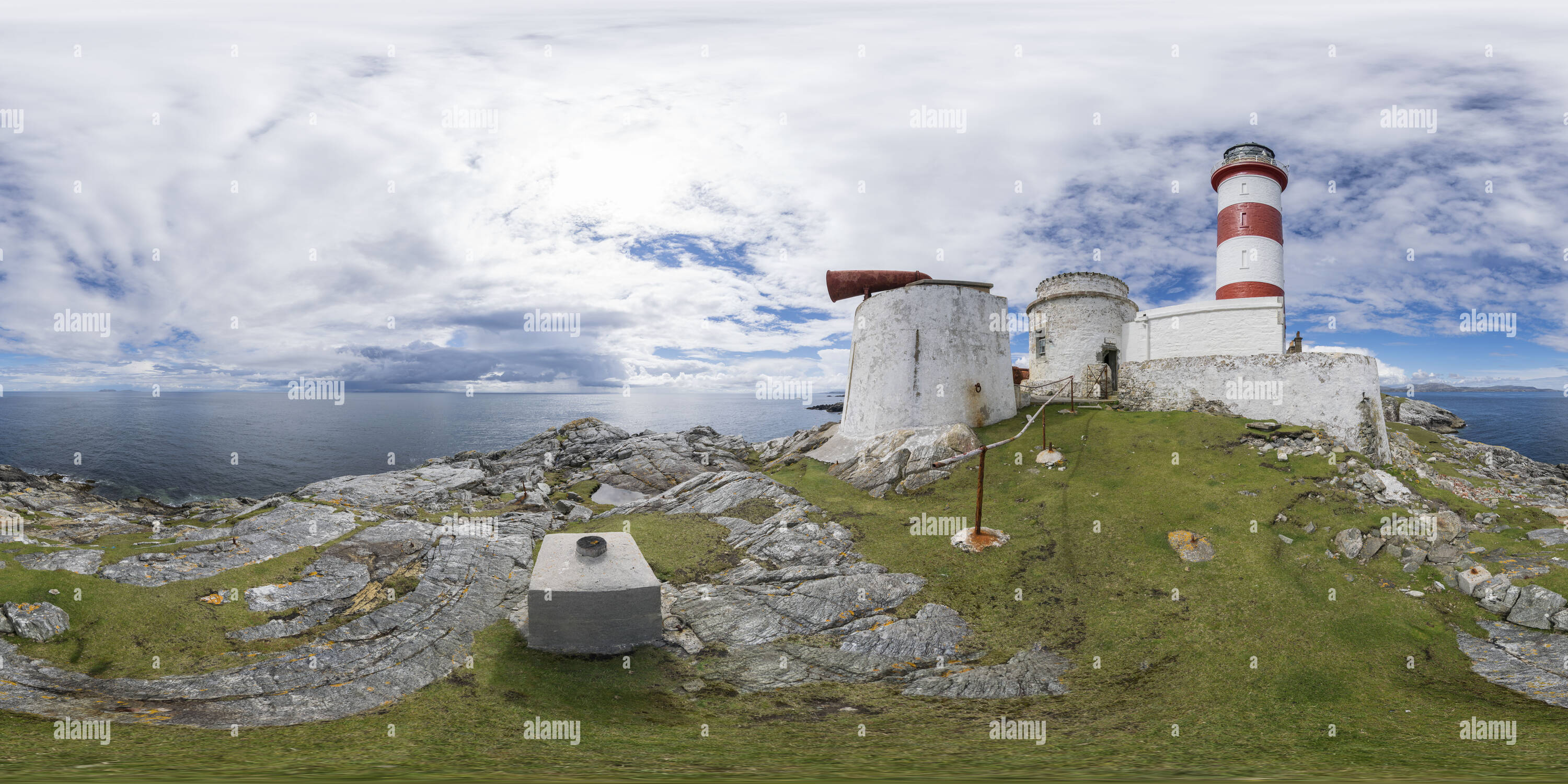 360 Grad Panorama Ansicht von Eilean Glas Leuchttürme, von der Insel Scalpay