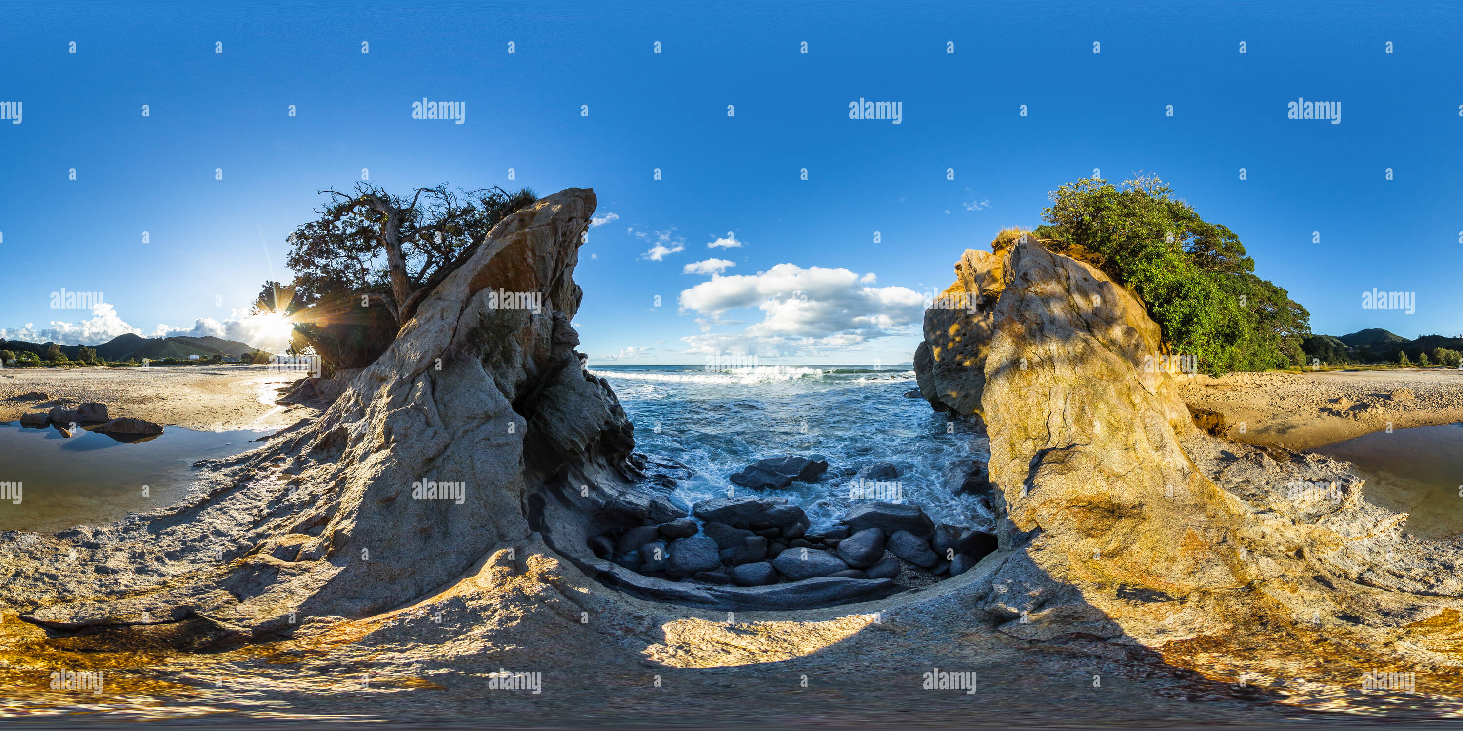 360 Grad Panorama Ansicht von Erstaunlich Whiritoa Strand - Whiritoa - Coromandel Halbinsel - Waikato, Neuseeland